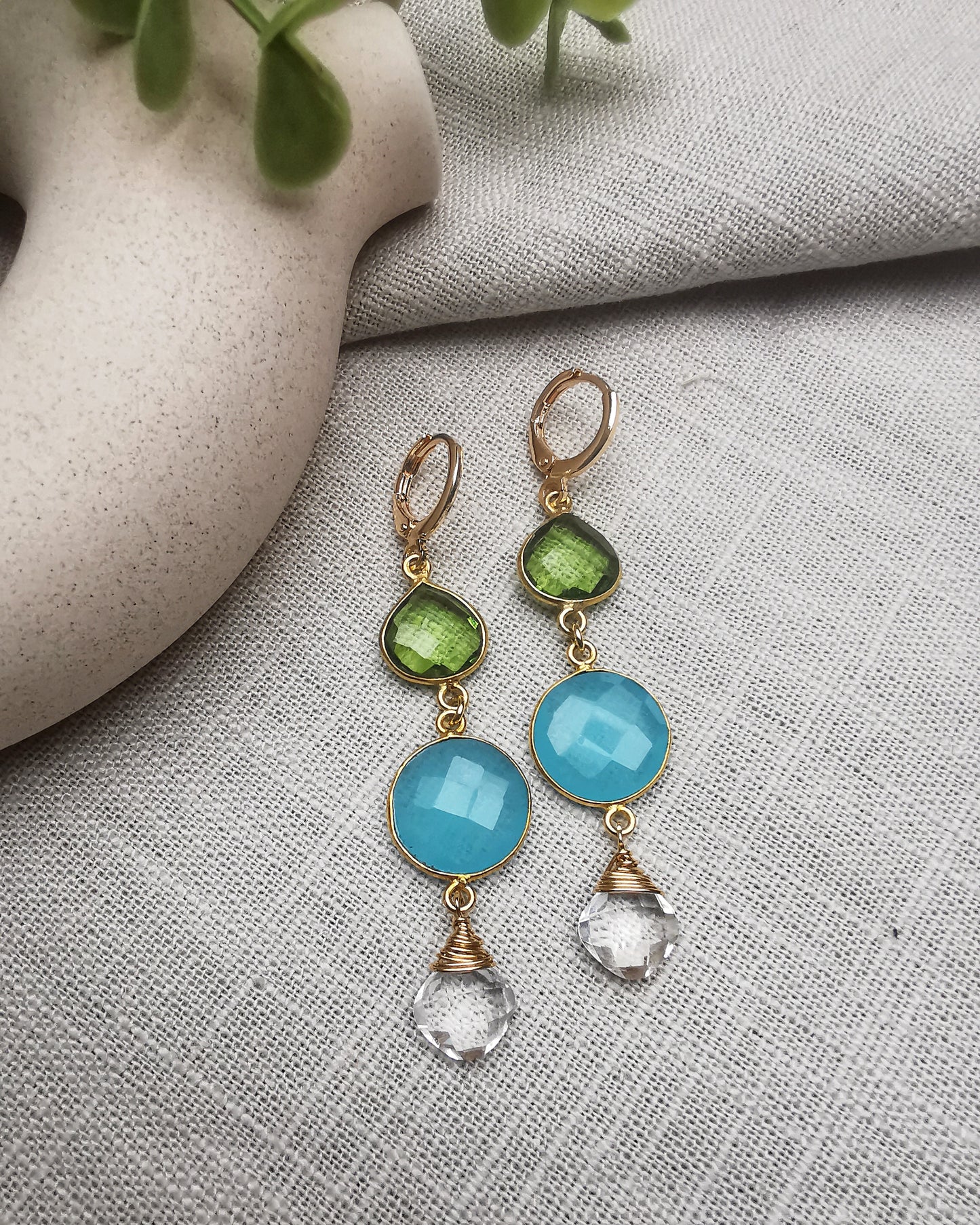 Peridot, Blue Chalcedony, and Clear Quartz Long Drop Earrings