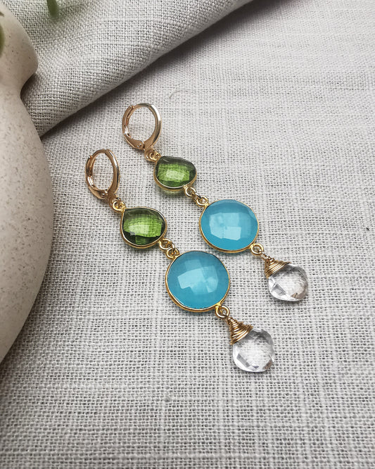 Peridot, Blue Chalcedony, and Clear Quartz Long Drop Earrings - Vinta Shop