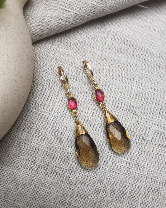 Smoky Quartz & Red Tourmaline Drop Earrings - Vinta Shop