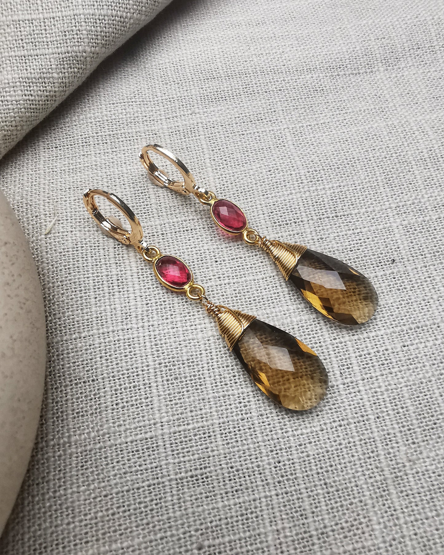 Smoky Quartz & Red Tourmaline Drop Earrings