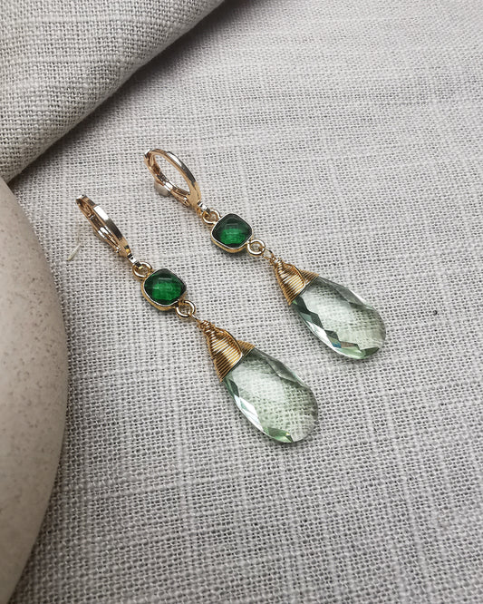 Green Amethyst & Emerald Drop Earrings - Vinta Shop