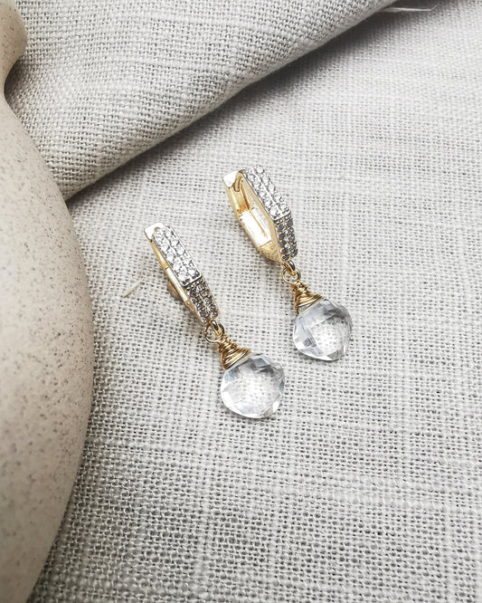 Maxi - Clear Quartz Hexagon Huggie Hoop Earrings - Vinta Shop