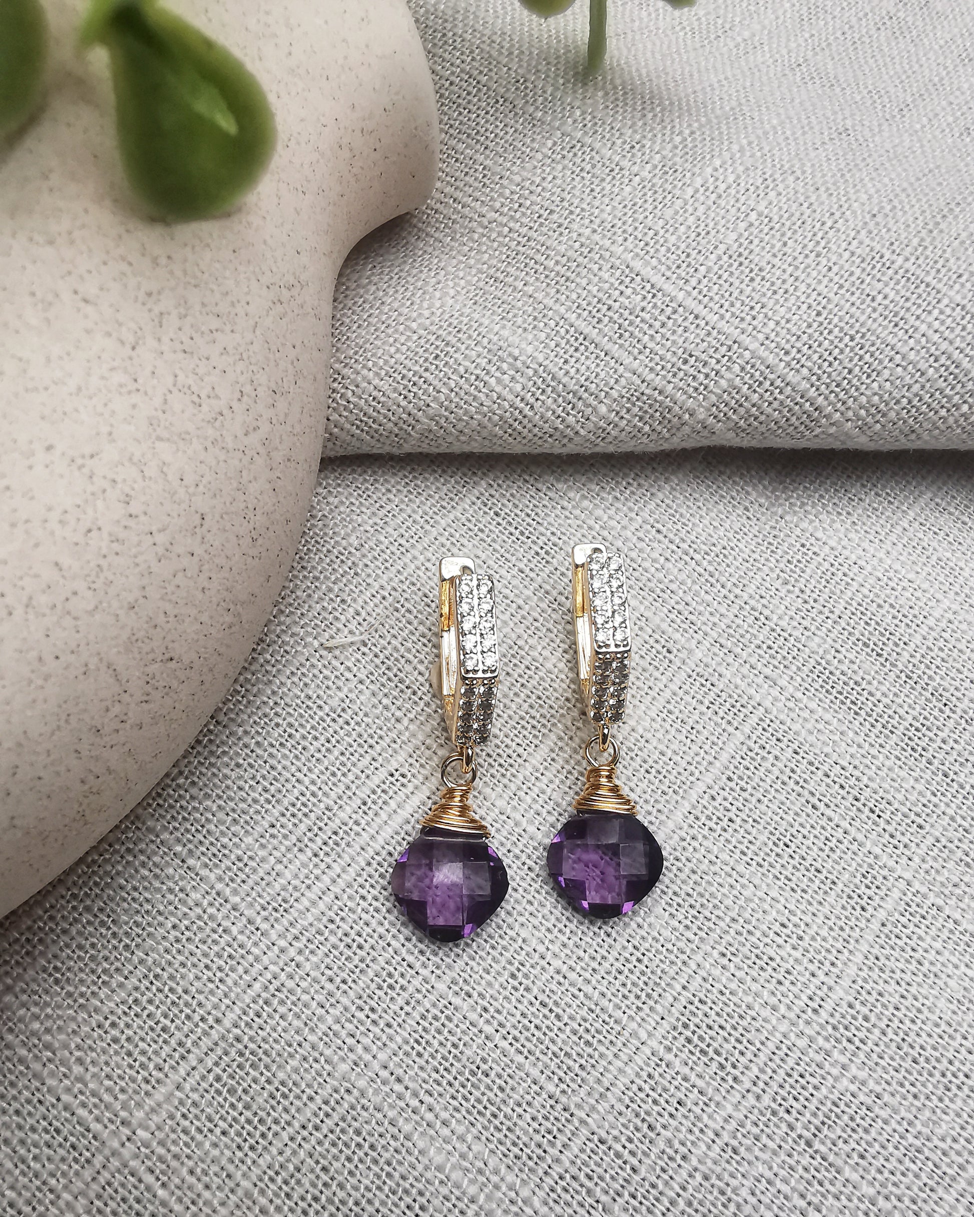 Maxi - Amethyst Hexagon Huggie Hoop Earrings - Vinta Shop