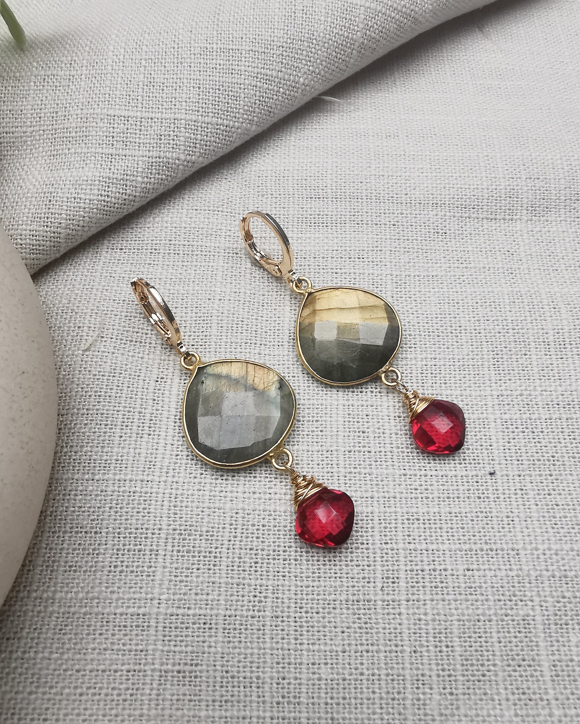 Labradorite & Ruby Quartz Dangle Earrings - Vinta Shop
