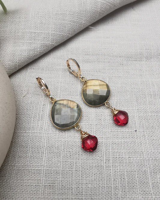 Labradorite & Ruby Quartz Dangle Earrings - Vinta Shop