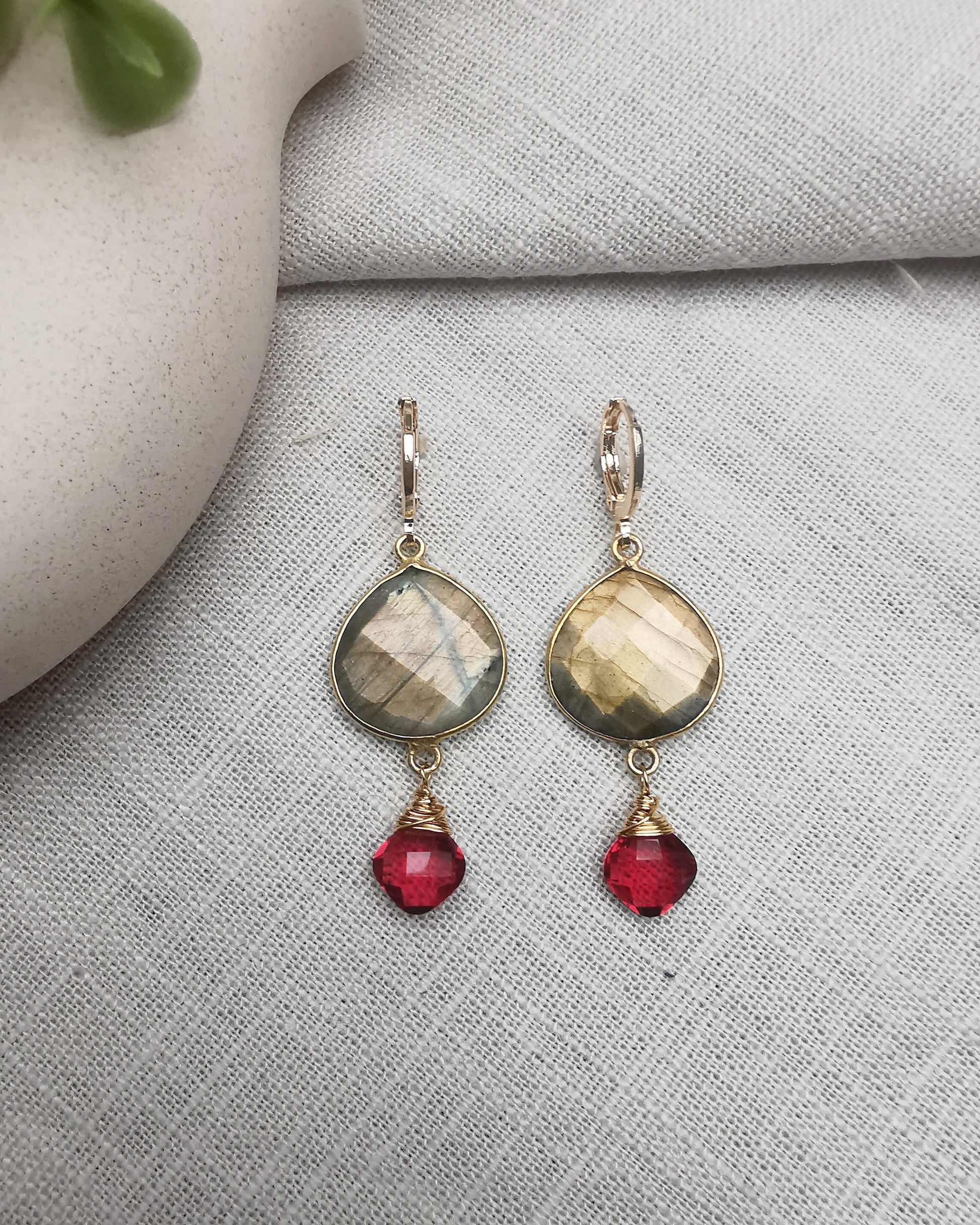 Labradorite & Ruby Quartz Dangle Earrings - Vinta Shop
