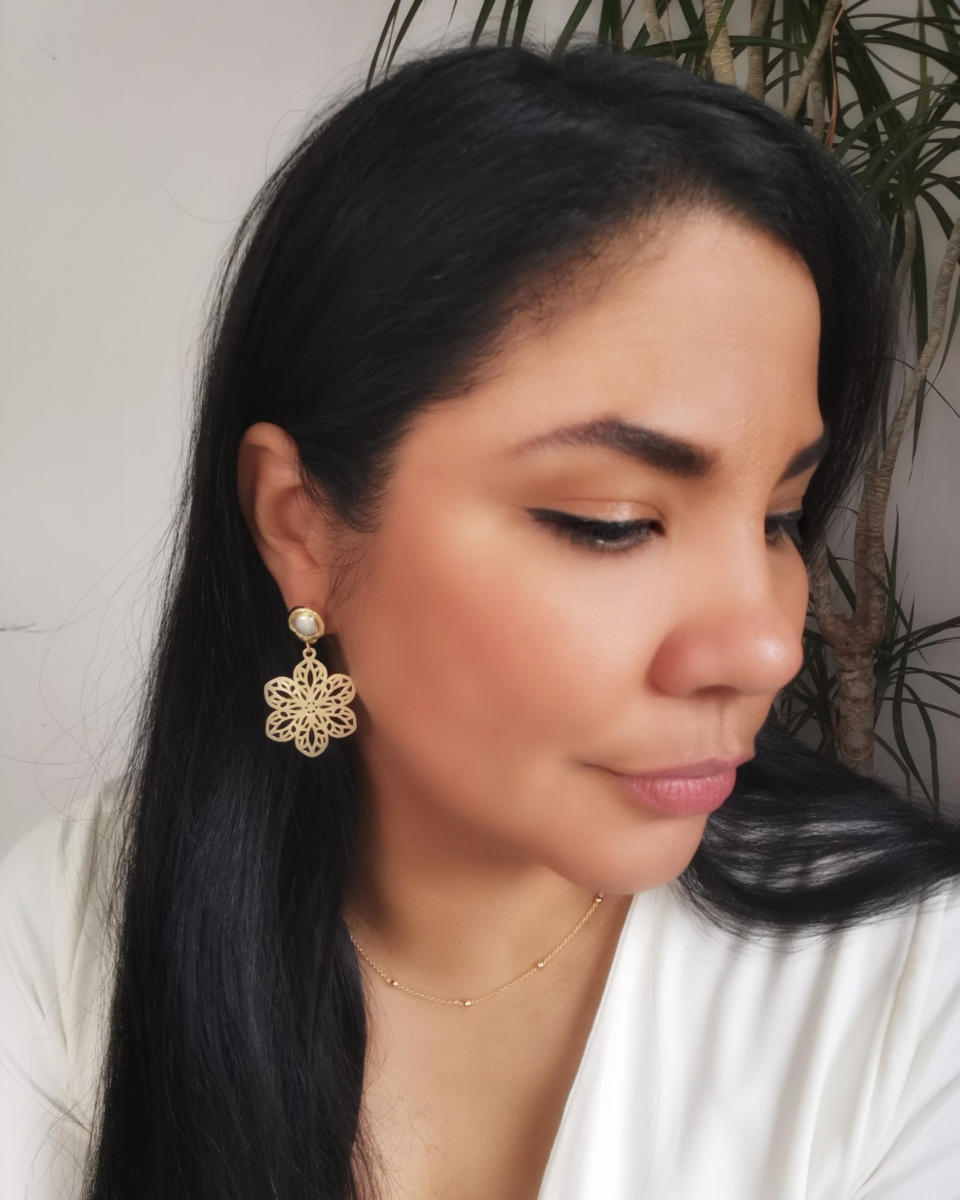 Pearl Stud and Filigree Flower Drop Earrings - Vinta Shop