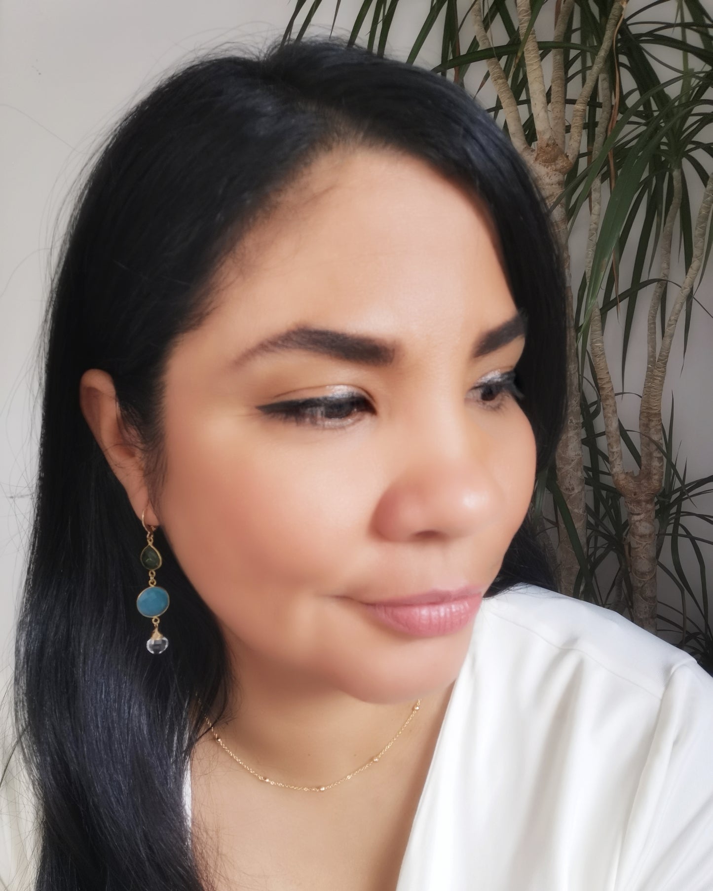 Peridot, Blue Chalcedony, and Clear Quartz Long Drop Earrings