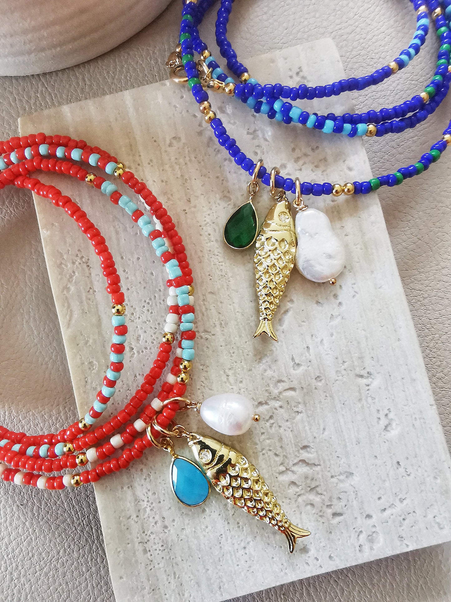 Red Long Beaded Necklace with Gold Fish Pendant, Pearl & Gemstone.