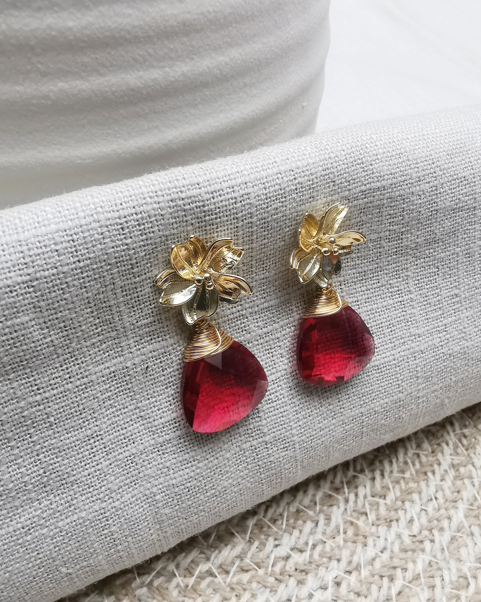 Blue Neon Iolite / Red Quartz Wire-Wrapped Gemstone Earrings with Floral Ear Posts - Vinta Shop