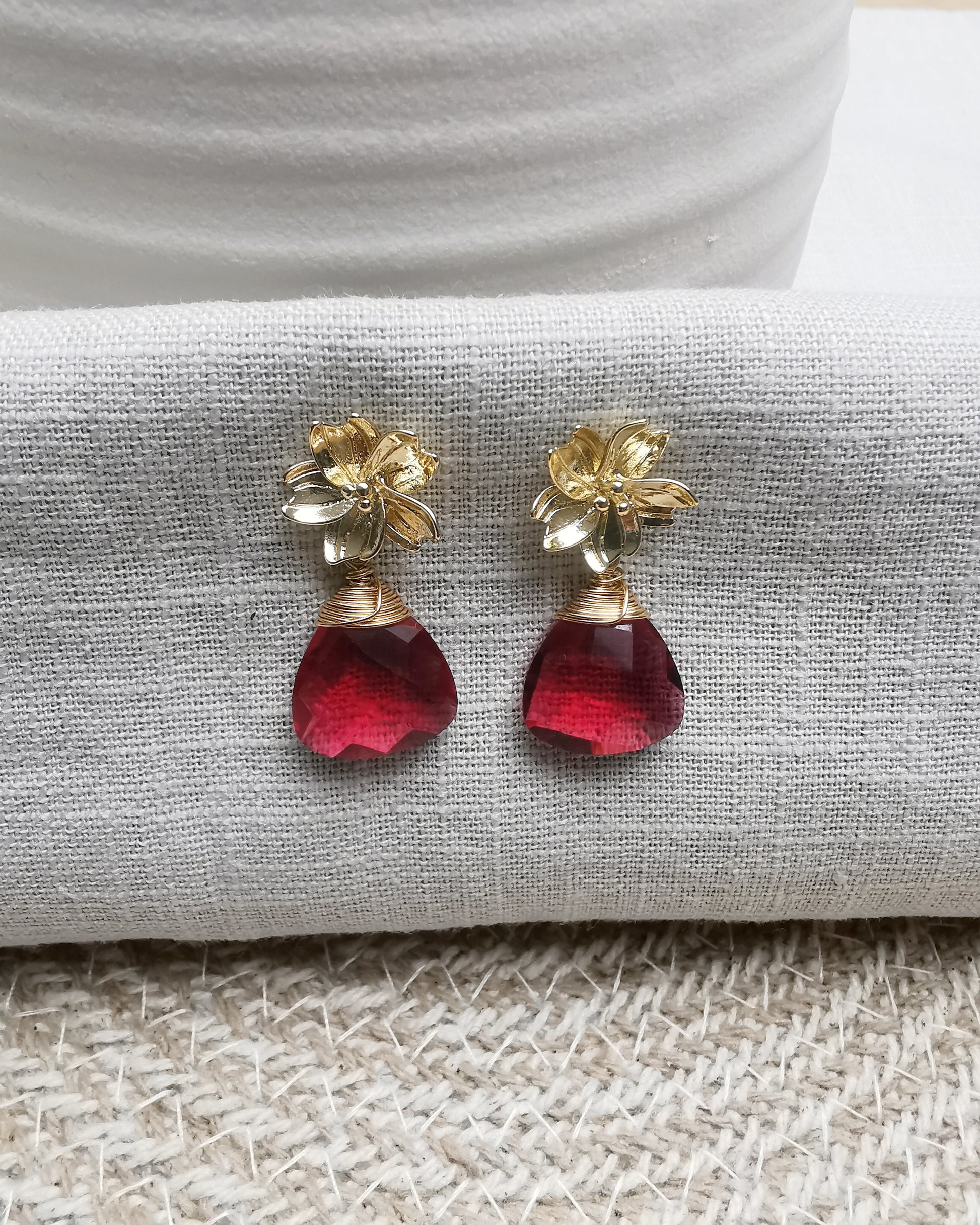 Blue Neon Iolite / Red Quartz Wire-Wrapped Gemstone Earrings with Floral Ear Posts - Vinta Shop