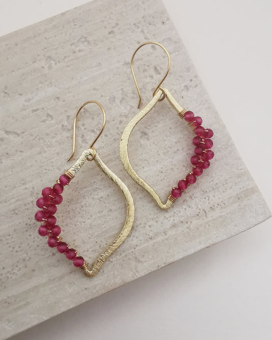 Pink Tourmaline Gold Brushed Marquise Frame Earrings with Wrapped Gemstones - Vinta Shop
