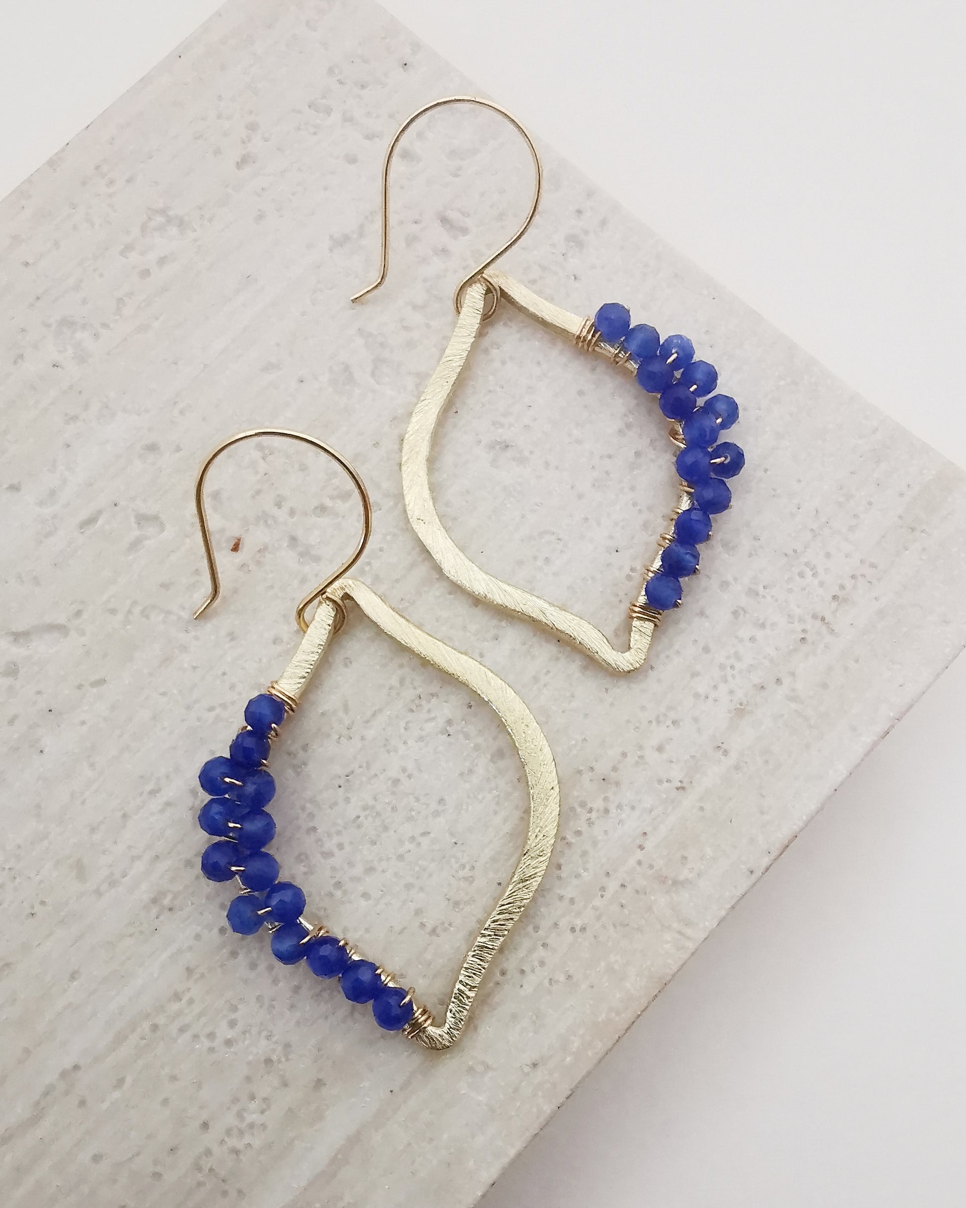 Blue Cobalt Gold Brushed Marquise Frame Earrings with Wrapped Gemstones - Vinta Shop