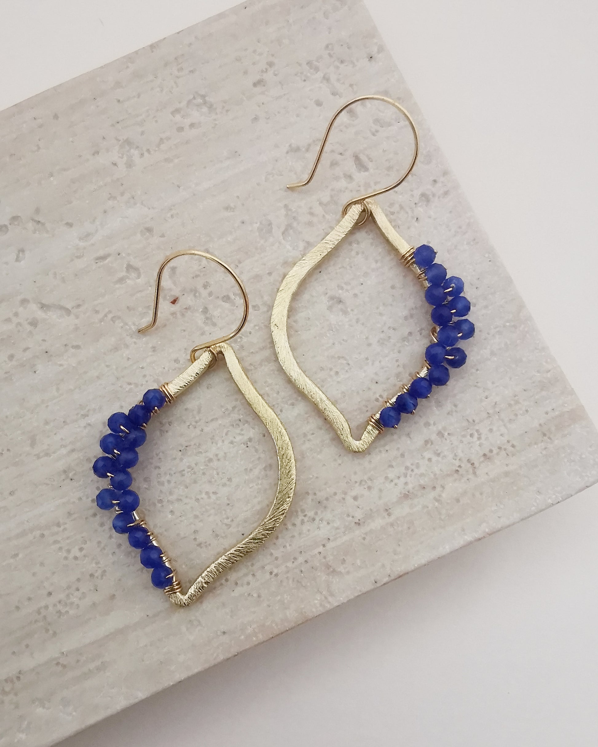 Blue Cobalt Gold Brushed Marquise Frame Earrings with Wrapped Gemstones - Vinta Shop