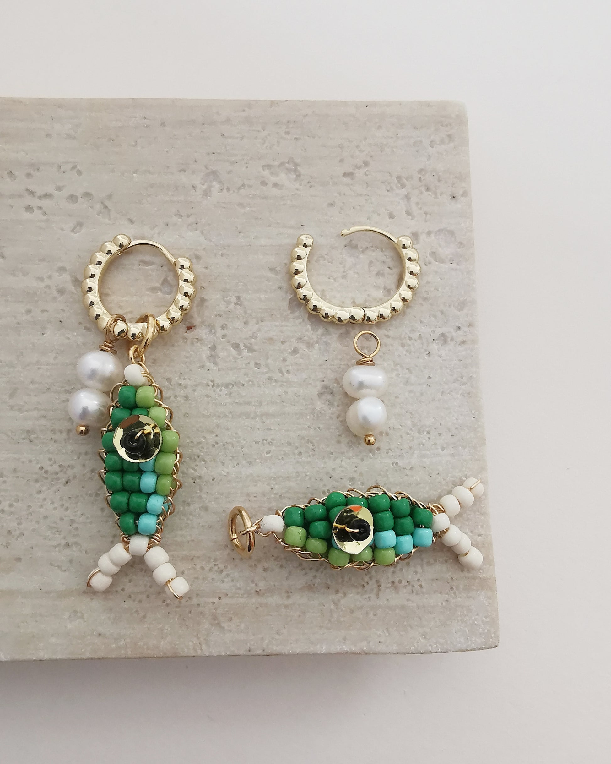 CORAL - Convertible Pearl & Beaded Fish Charm Hook Earrings. - Vinta Shop