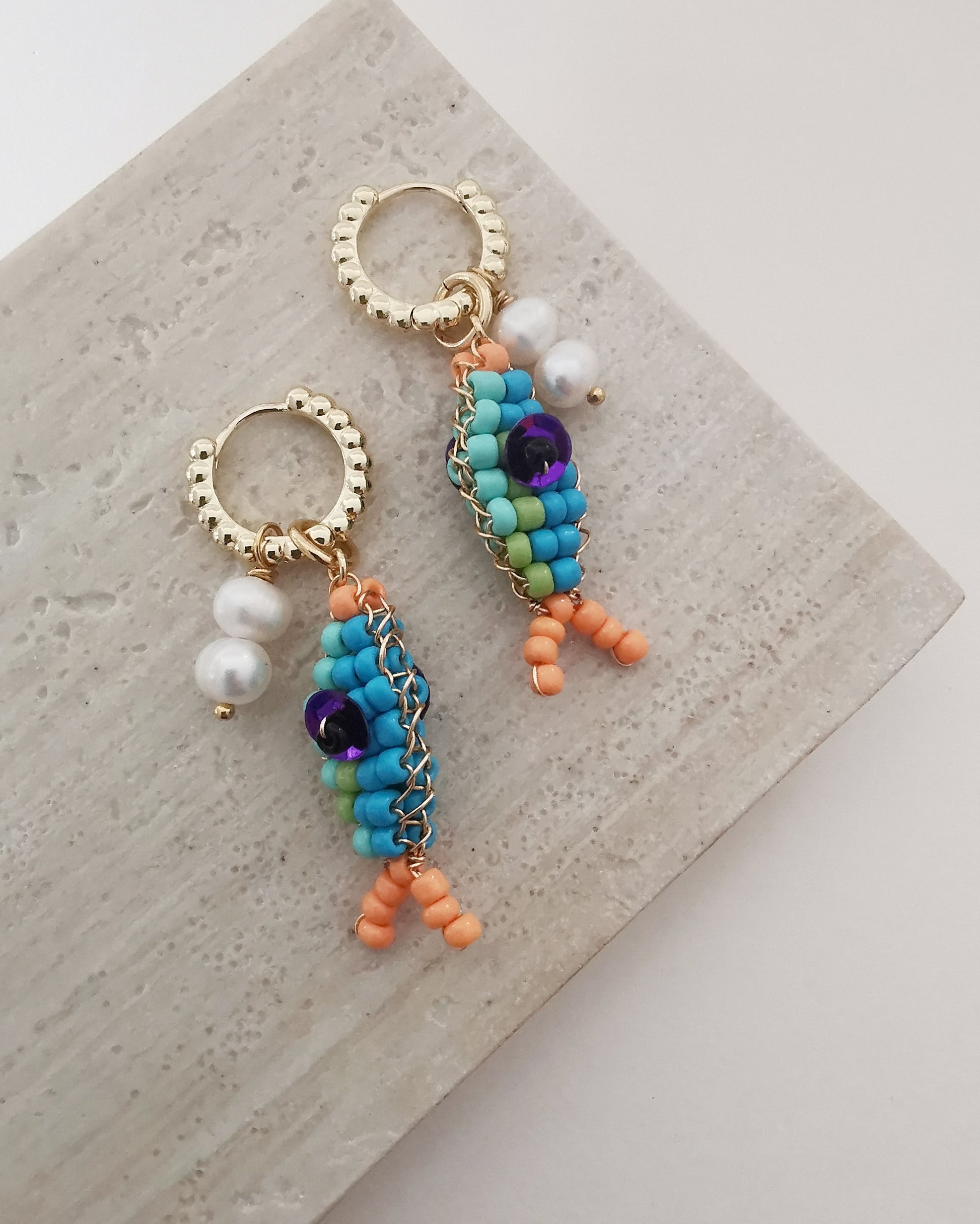 CORAL - Convertible Pearl & Beaded Fish Charm Hook Earrings. - Vinta Shop