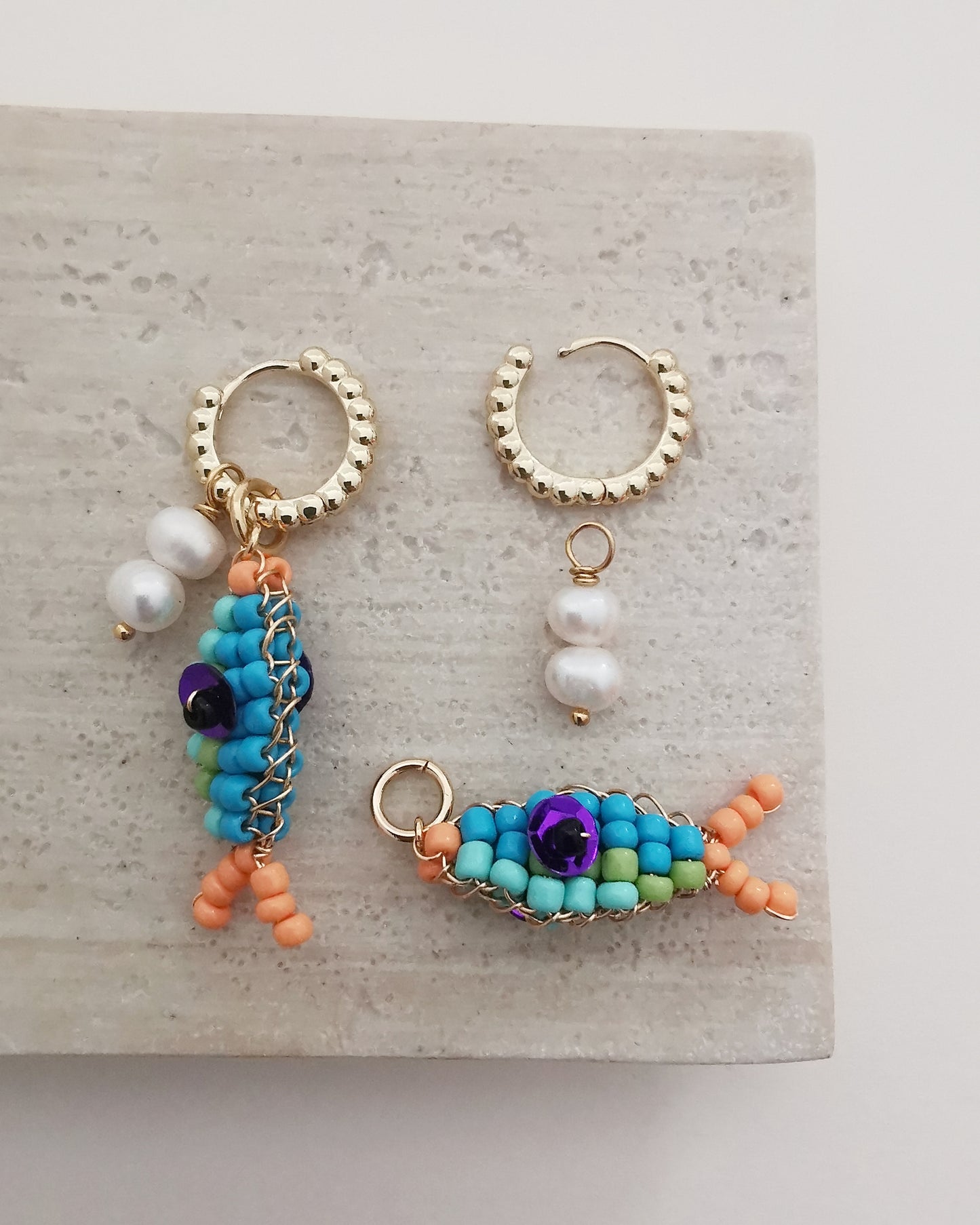 CORAL - Convertible Pearl & Beaded Fish Charm Hook Earrings.