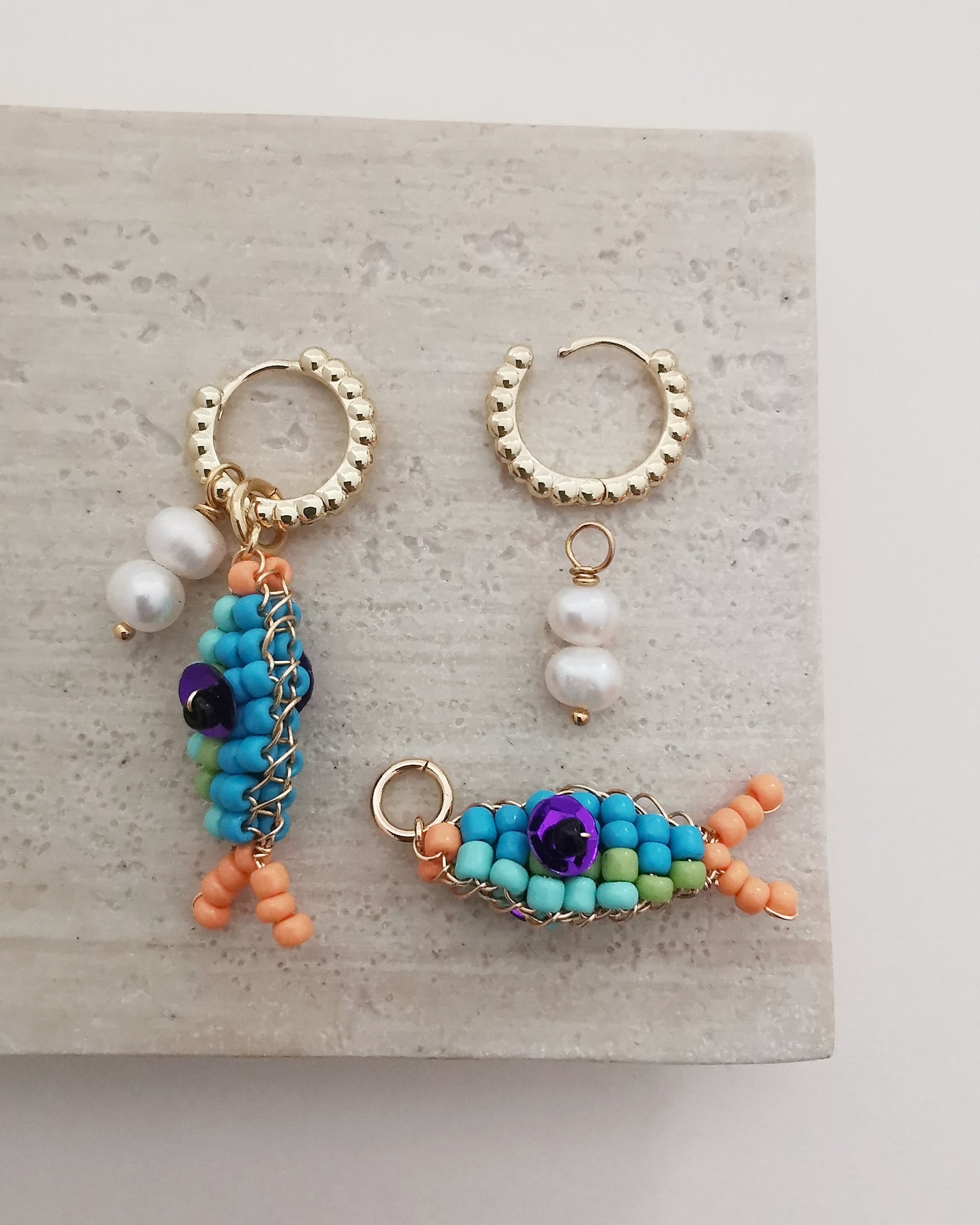 CORAL - Convertible Pearl & Beaded Fish Charm Hook Earrings. - Vinta Shop