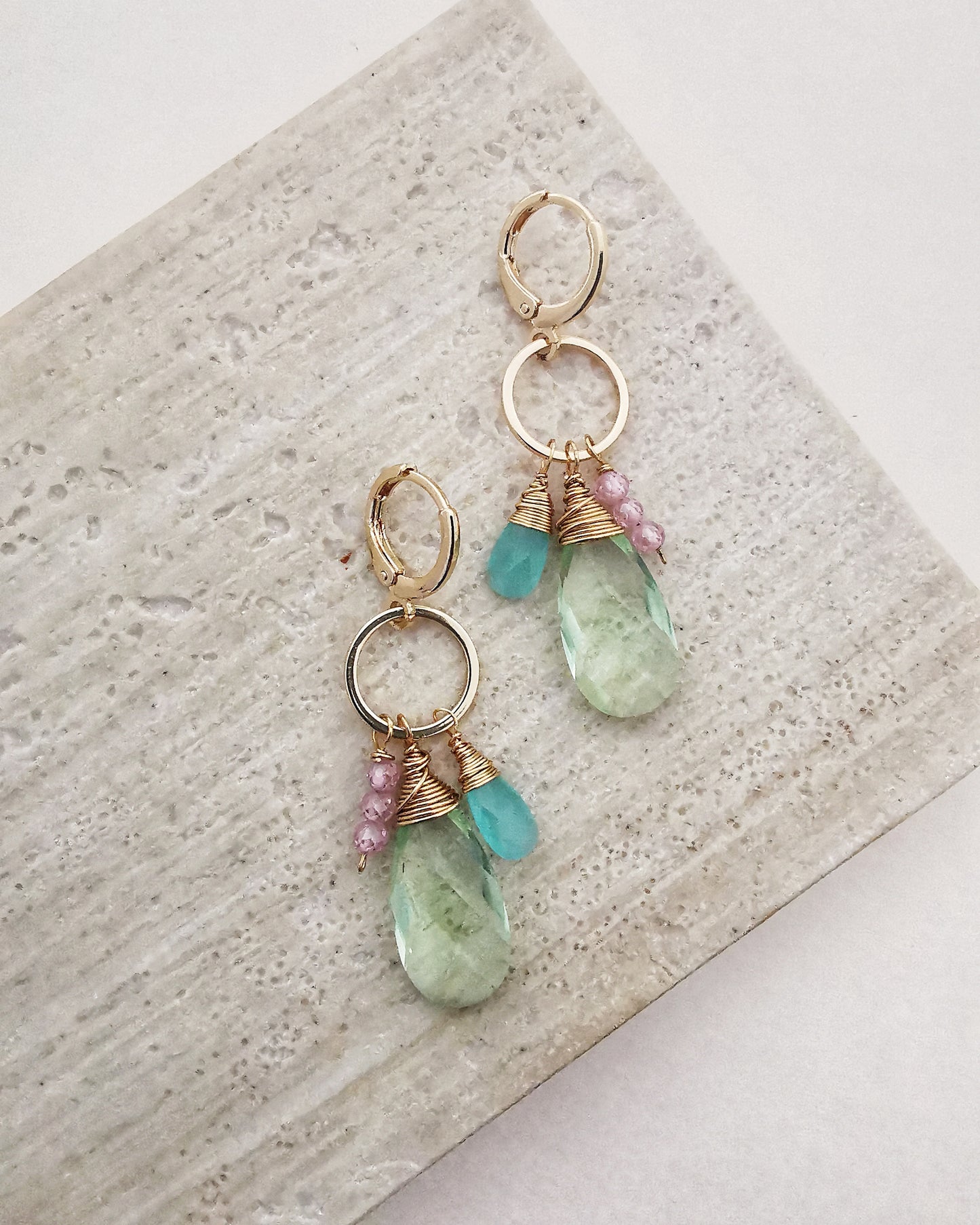 ARANIS - Green Amethyst Gemstone Cluster Dangle Earrings.