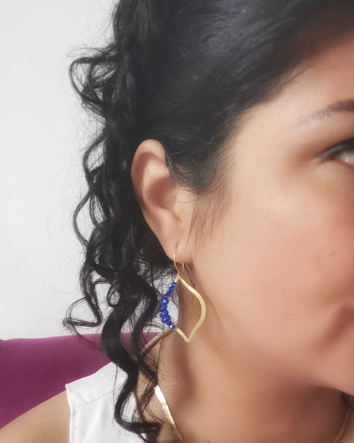 Blue Cobalt Gold Brushed Marquise Frame Earrings with Wrapped Gemstones - Vinta Shop