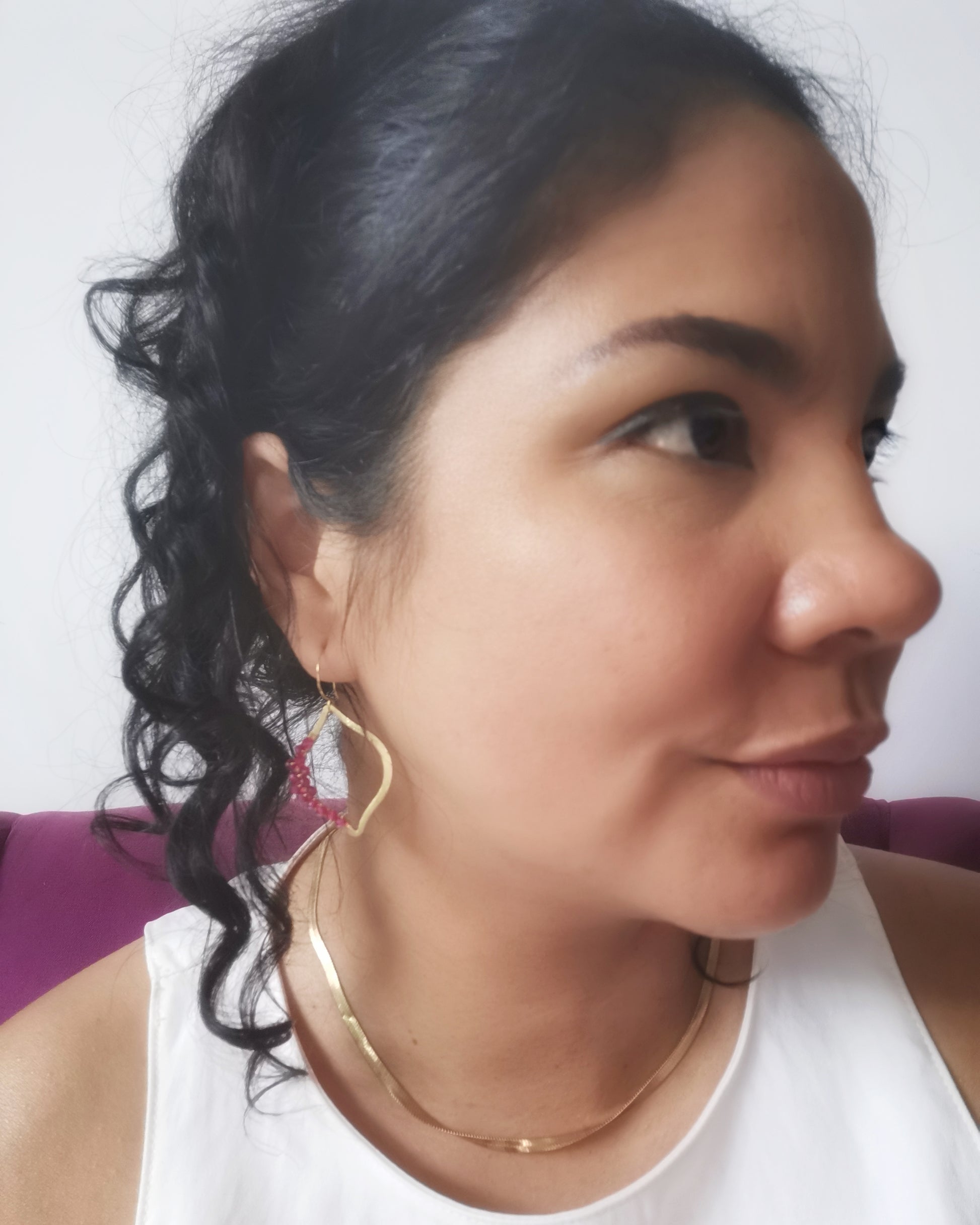 Pink Tourmaline Gold Brushed Marquise Frame Earrings with Wrapped Gemstones - Vinta Shop