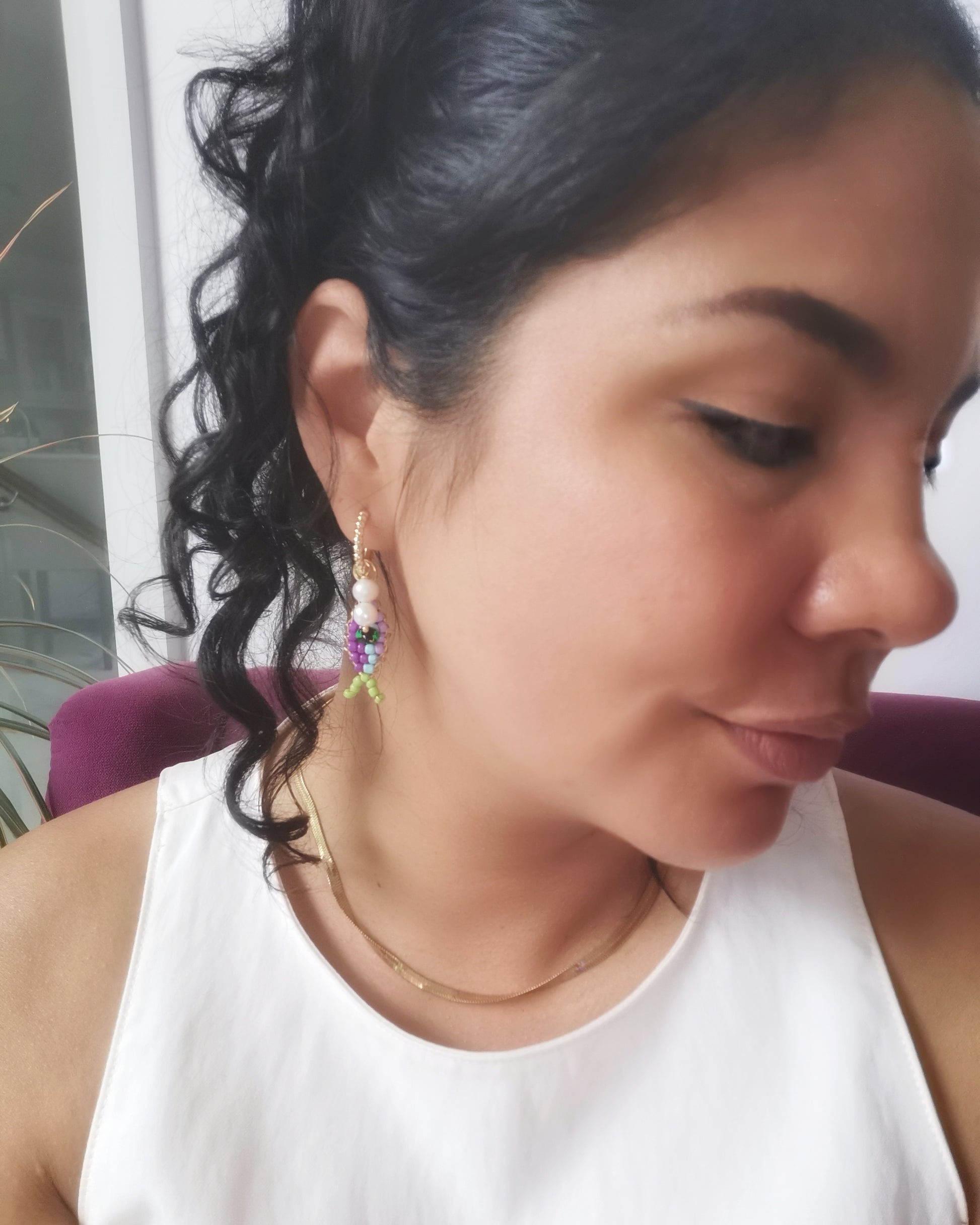 CORAL - Convertible Pearl & Beaded Fish Charm Hook Earrings. - Vinta Shop