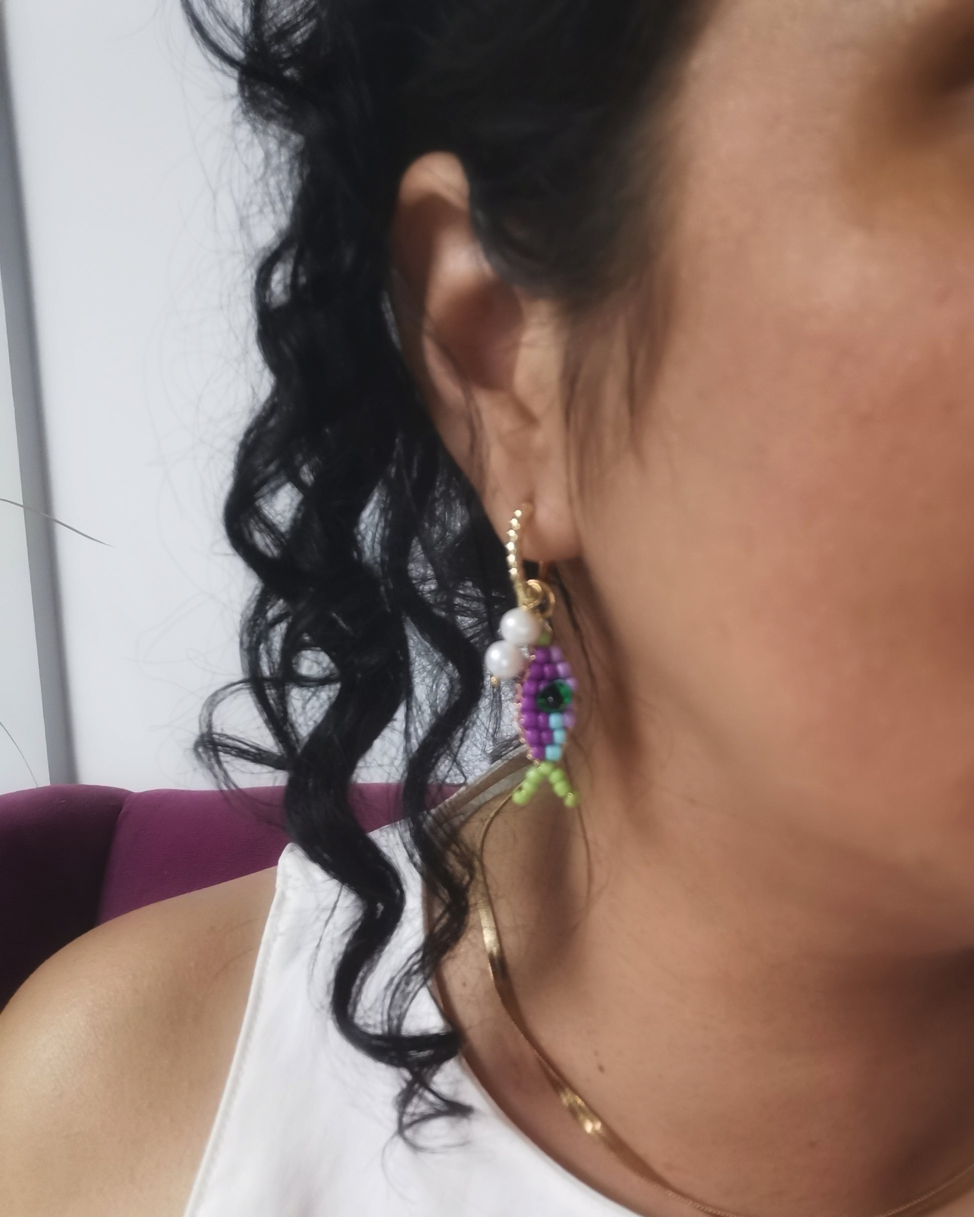 CORAL - Convertible Pearl & Beaded Fish Charm Hook Earrings. - Vinta Shop