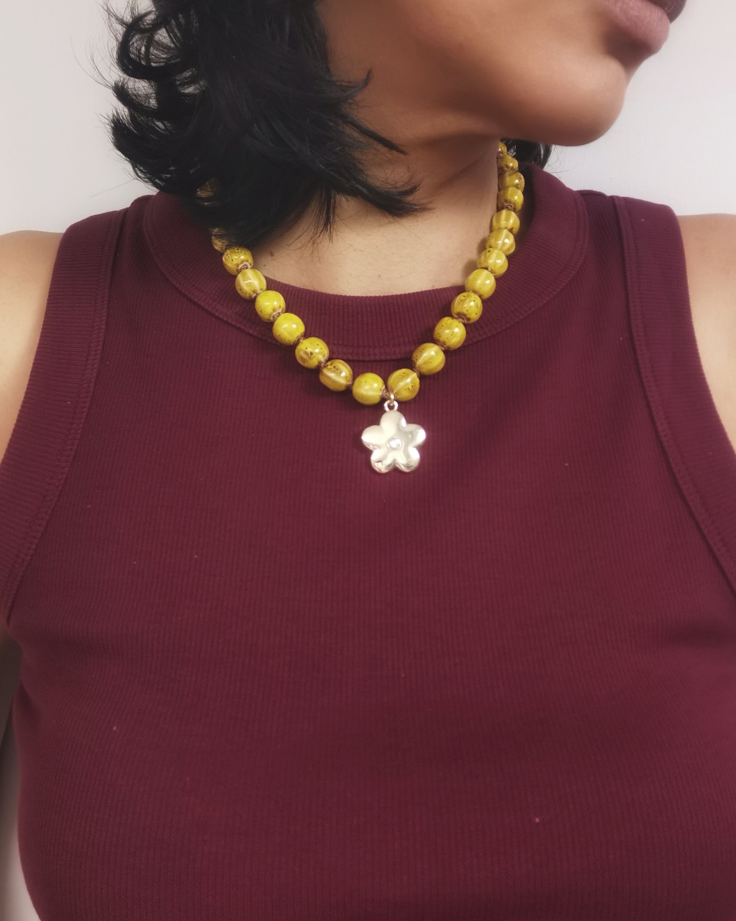 Yellow Chunky Ceramic Pumpkin Bead Necklace with Flower Pendant - Vinta Shop