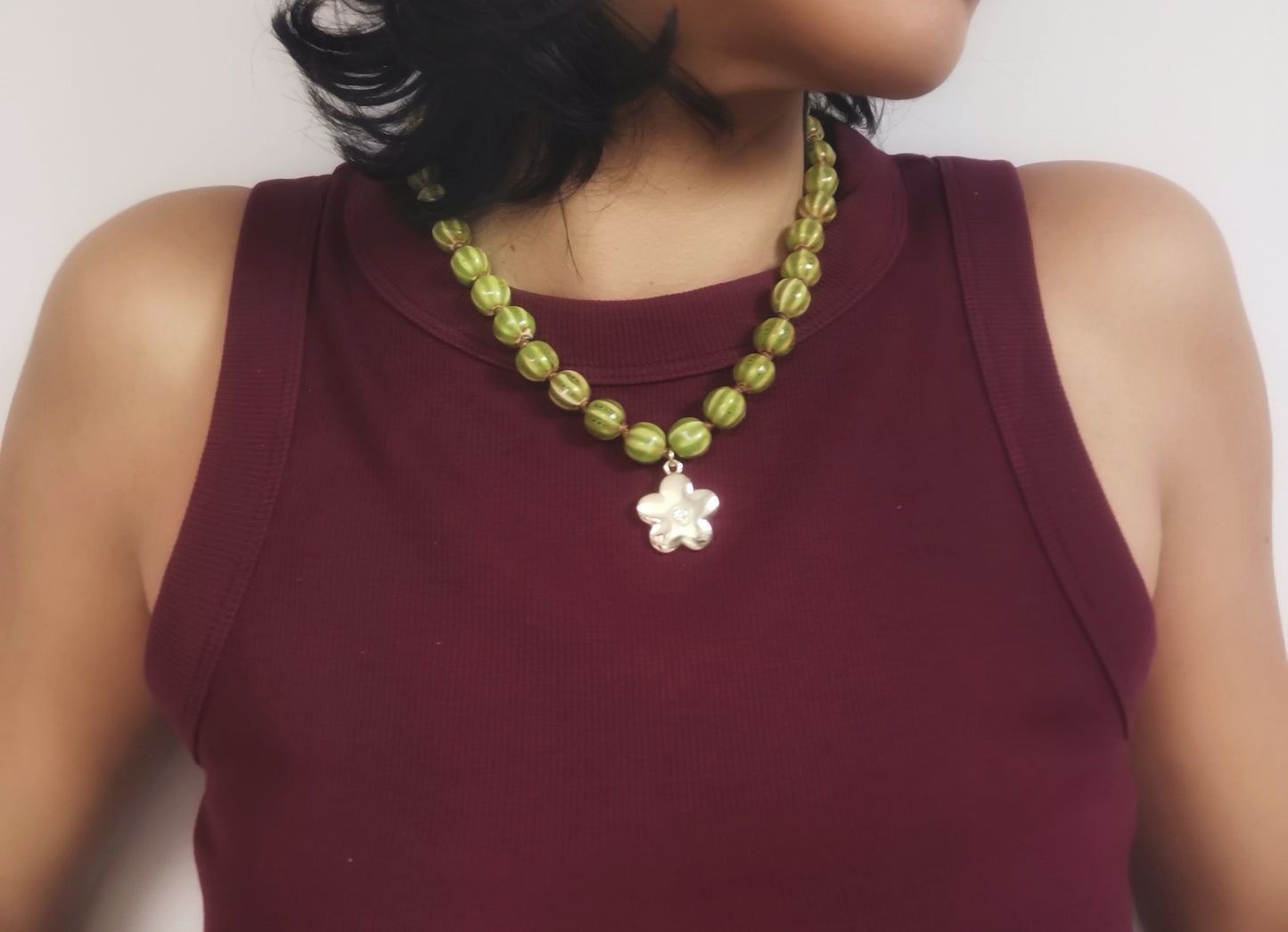 Green Chunky Ceramic Pumpkin Bead Necklace with Flower Pendant - Vinta Shop