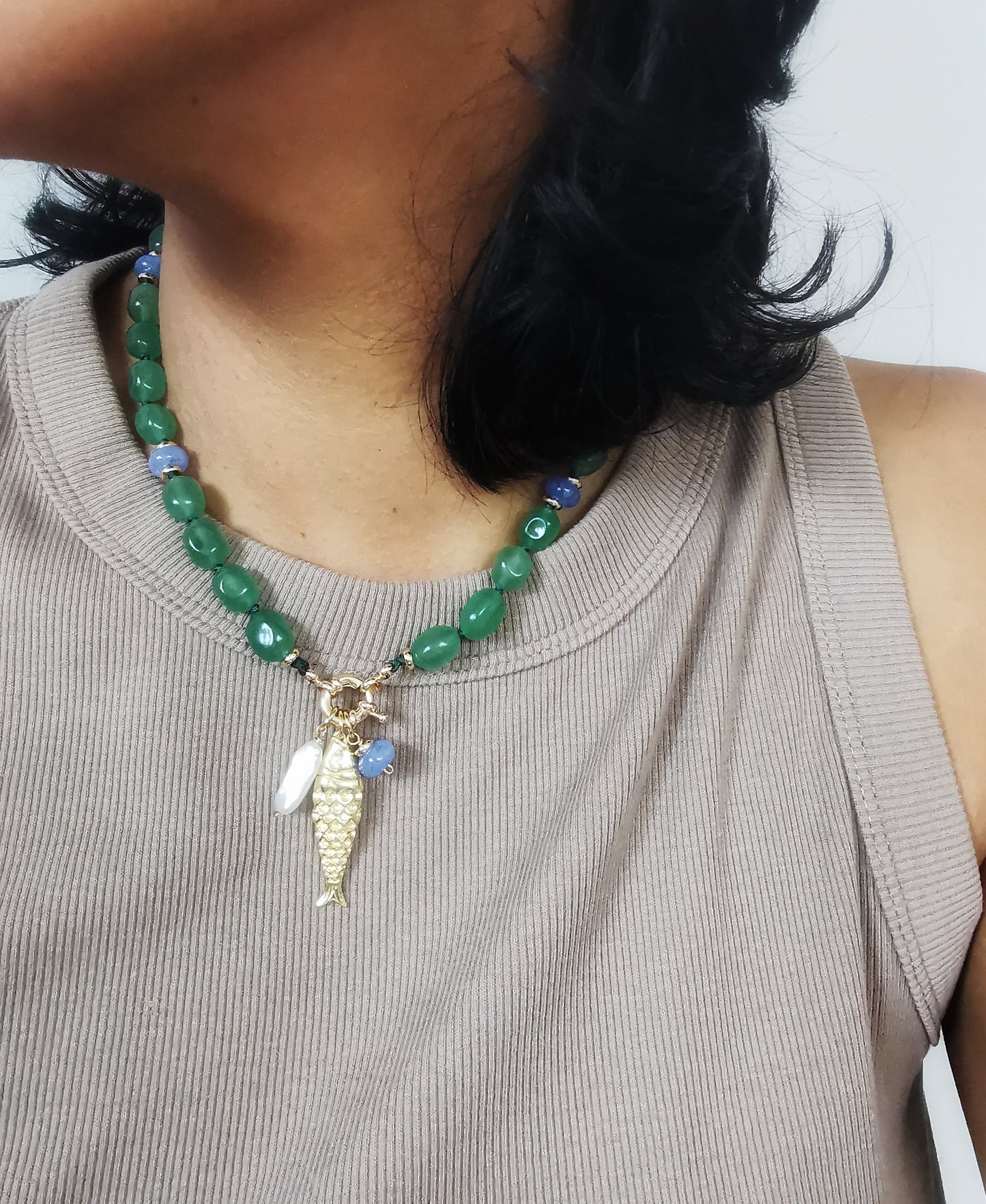 El Pescador || Green Jade Beaded Necklace with Fish Charm & Pearl. - Vinta Shop