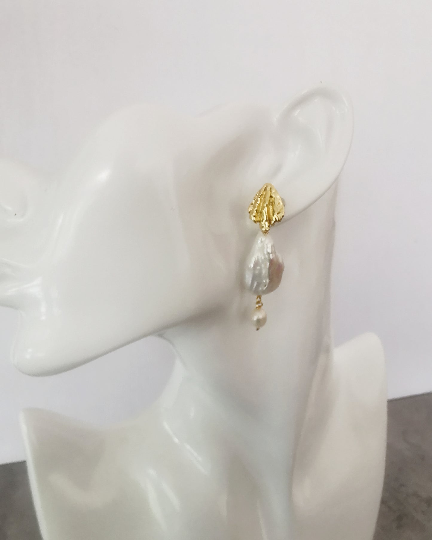 Baroque Pearl Stud Earrings with Gold Seashell Detail - Vinta Shop