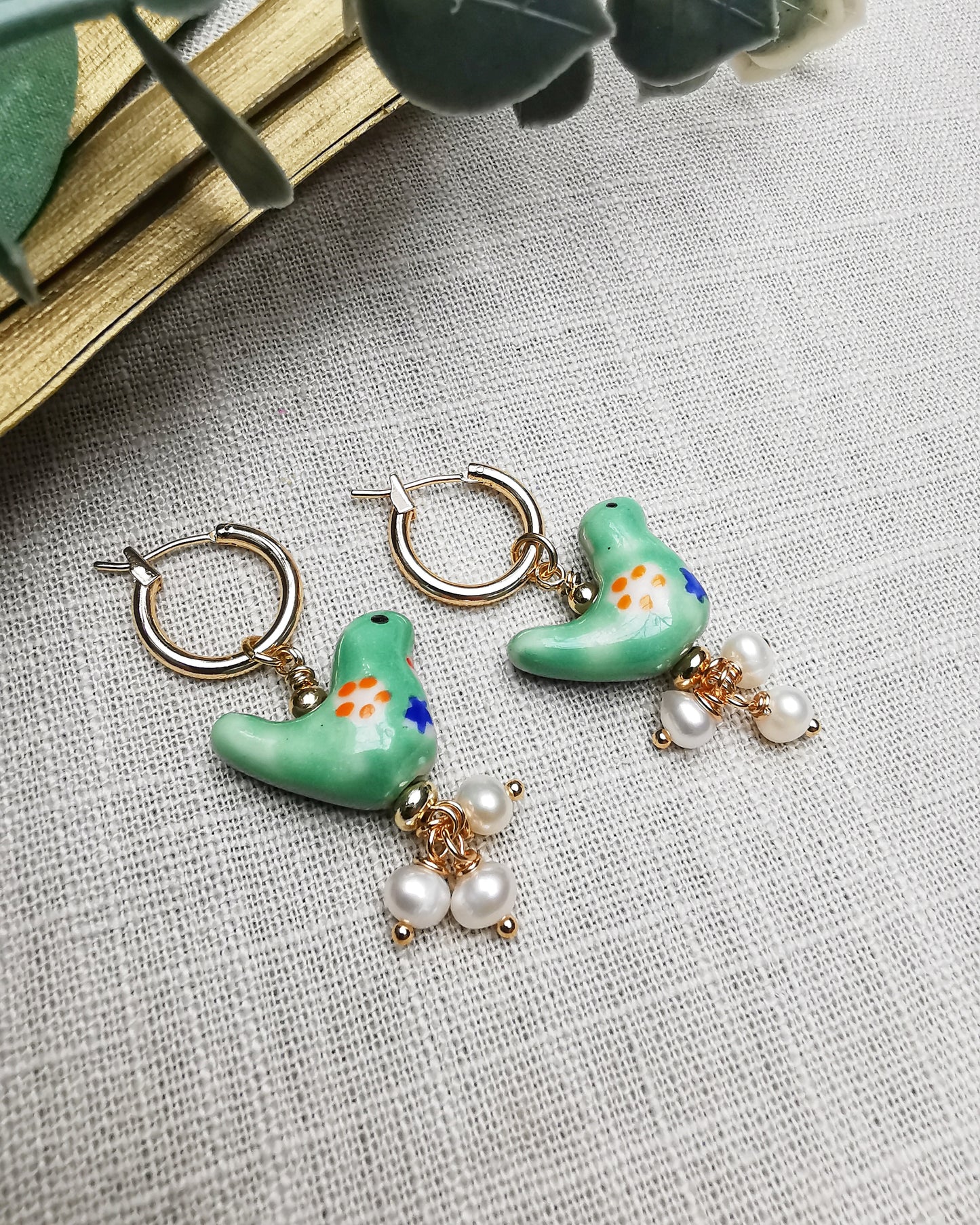 Green Birds + Freshwater Pearls Drop Earrings