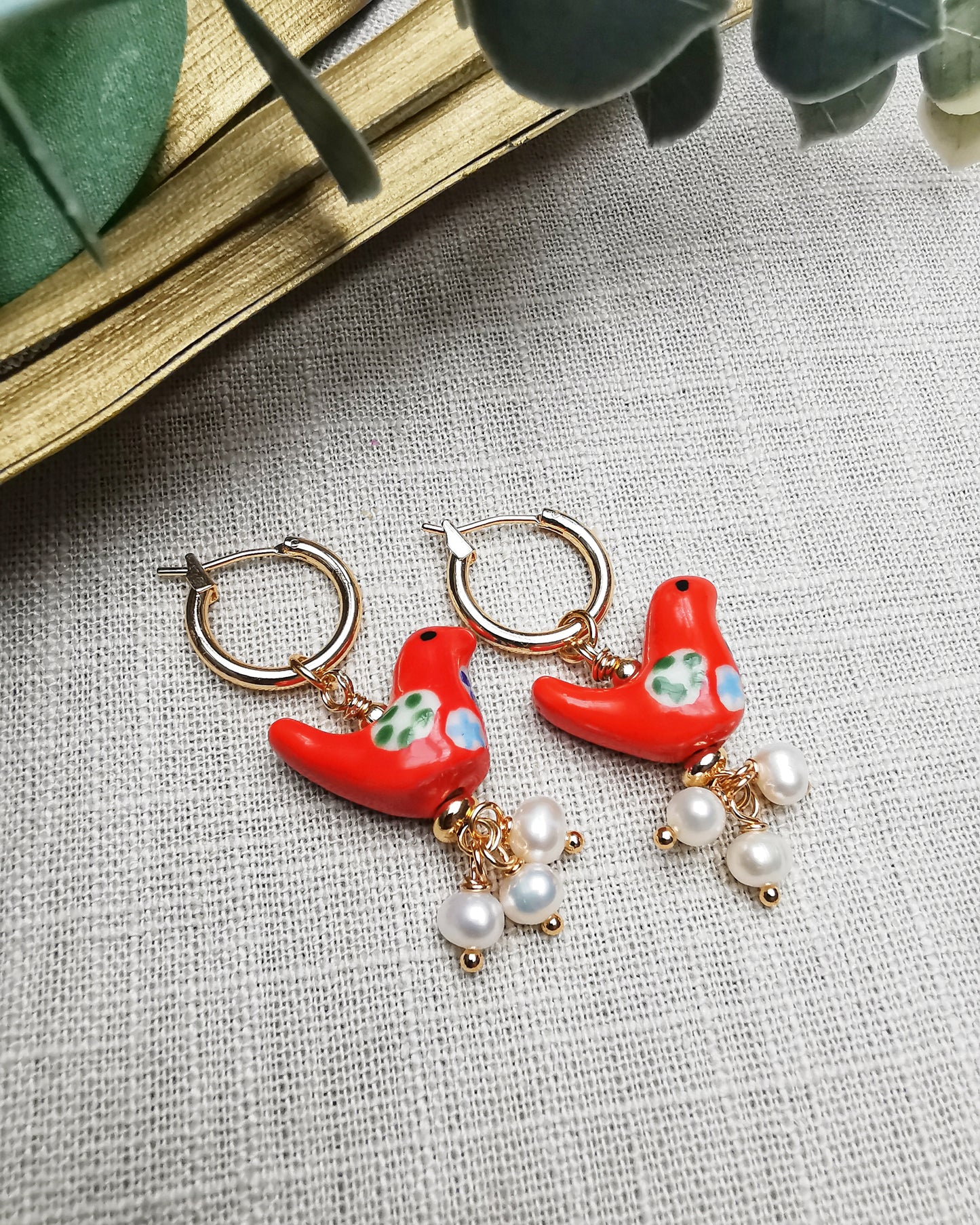 Red Birds + Freshwater Pearls Drop Earrings