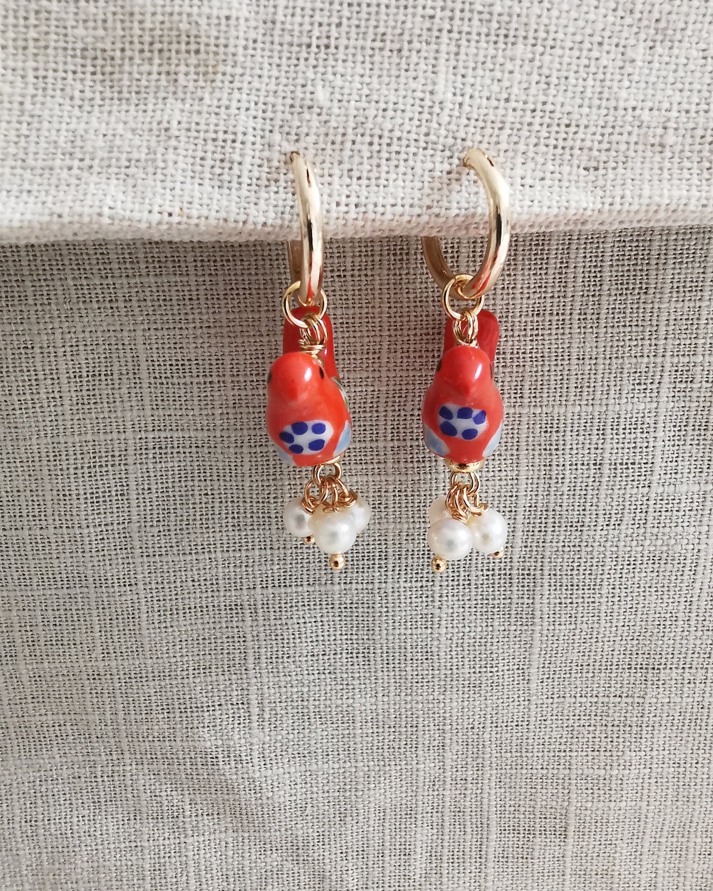 Red Birds + Freshwater Pearls Drop Earrings