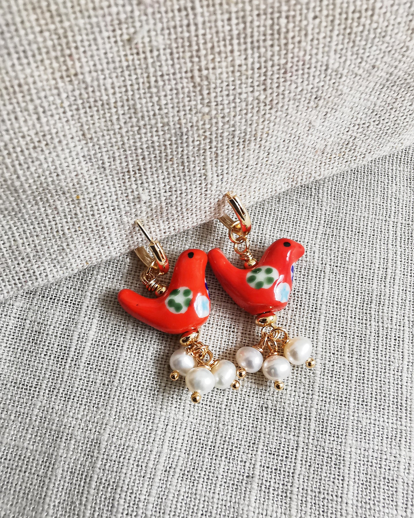 Red Birds + Freshwater Pearls Drop Earrings