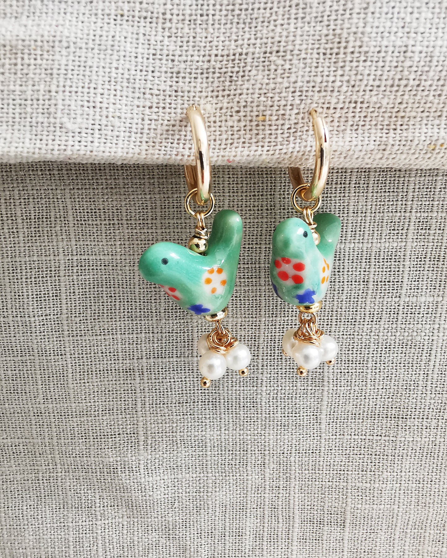 Green Birds + Freshwater Pearls Drop Earrings