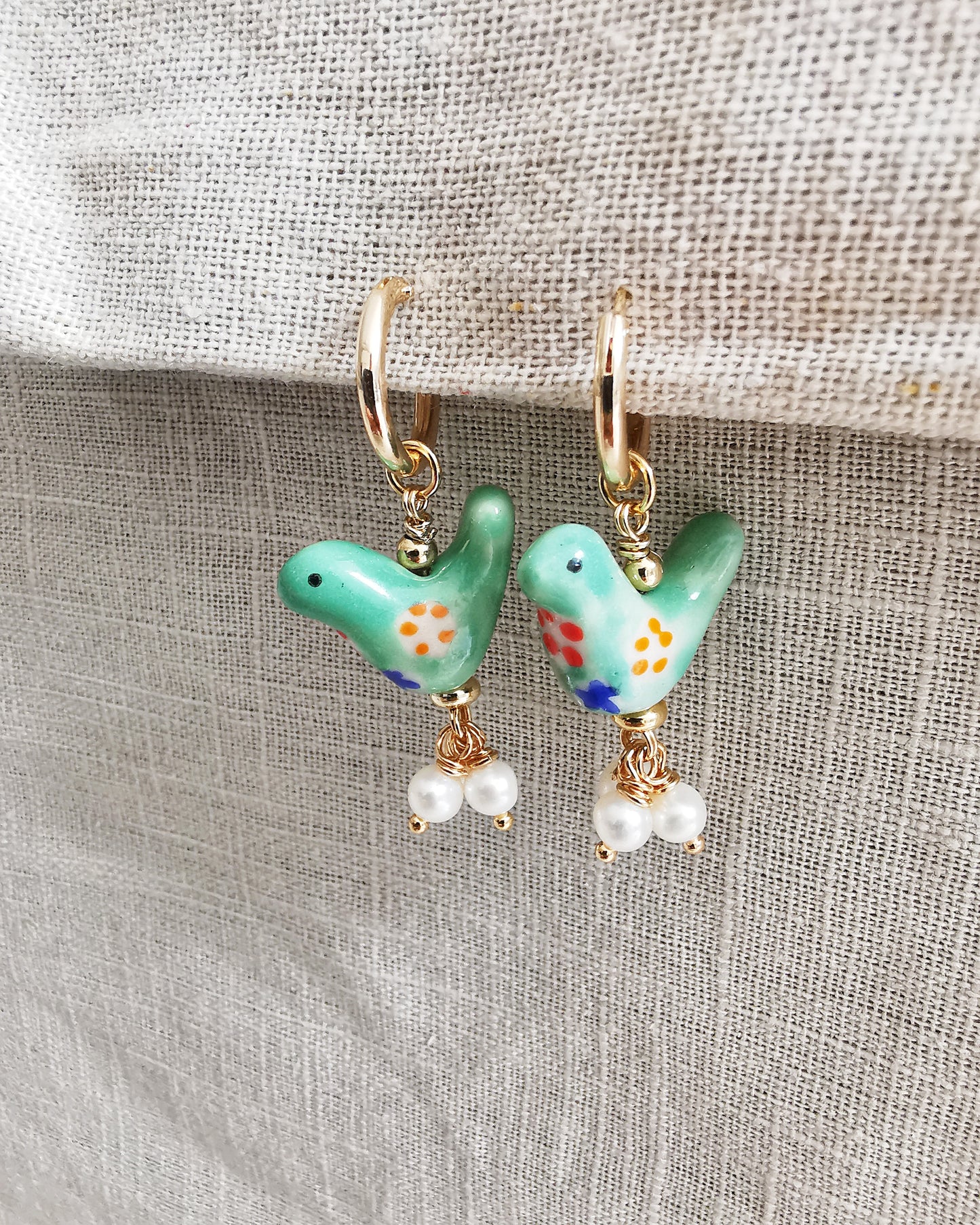 Green Birds + Freshwater Pearls Drop Earrings