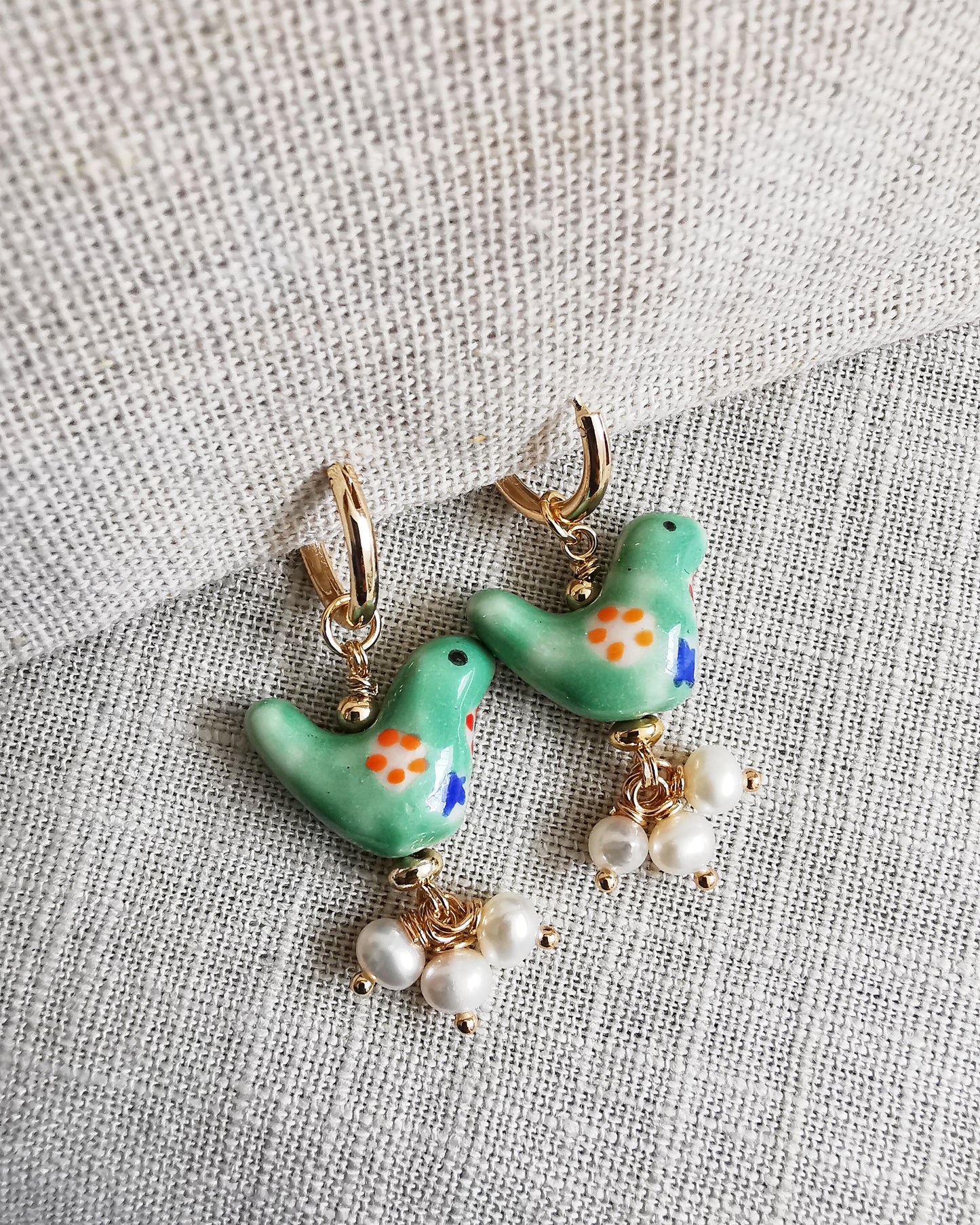 Green Birds + Freshwater Pearls Drop Earrings