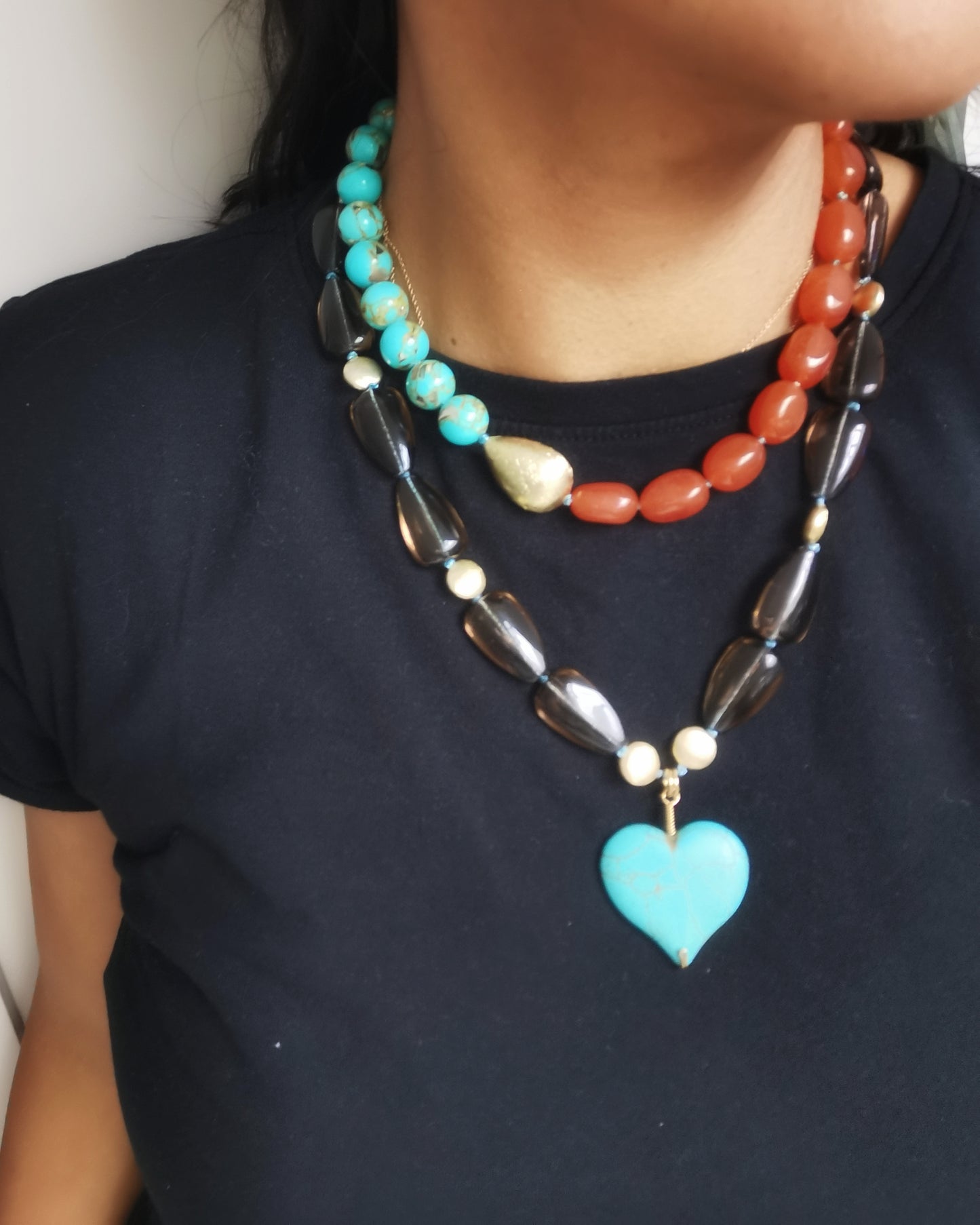 Smokey Crystal Statement Necklace with Howlite Turquoise heart Pendant