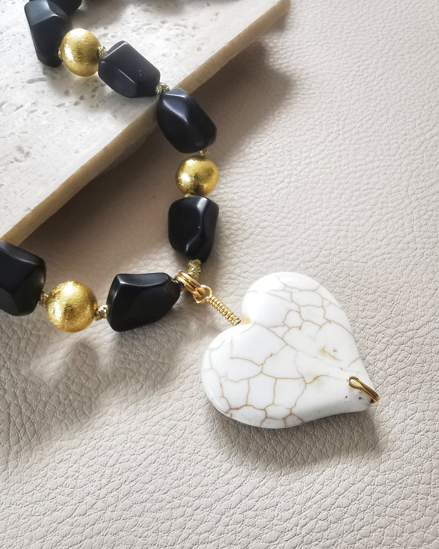 Black Crystal Statement Necklace with White Howlite Heart Pendant.