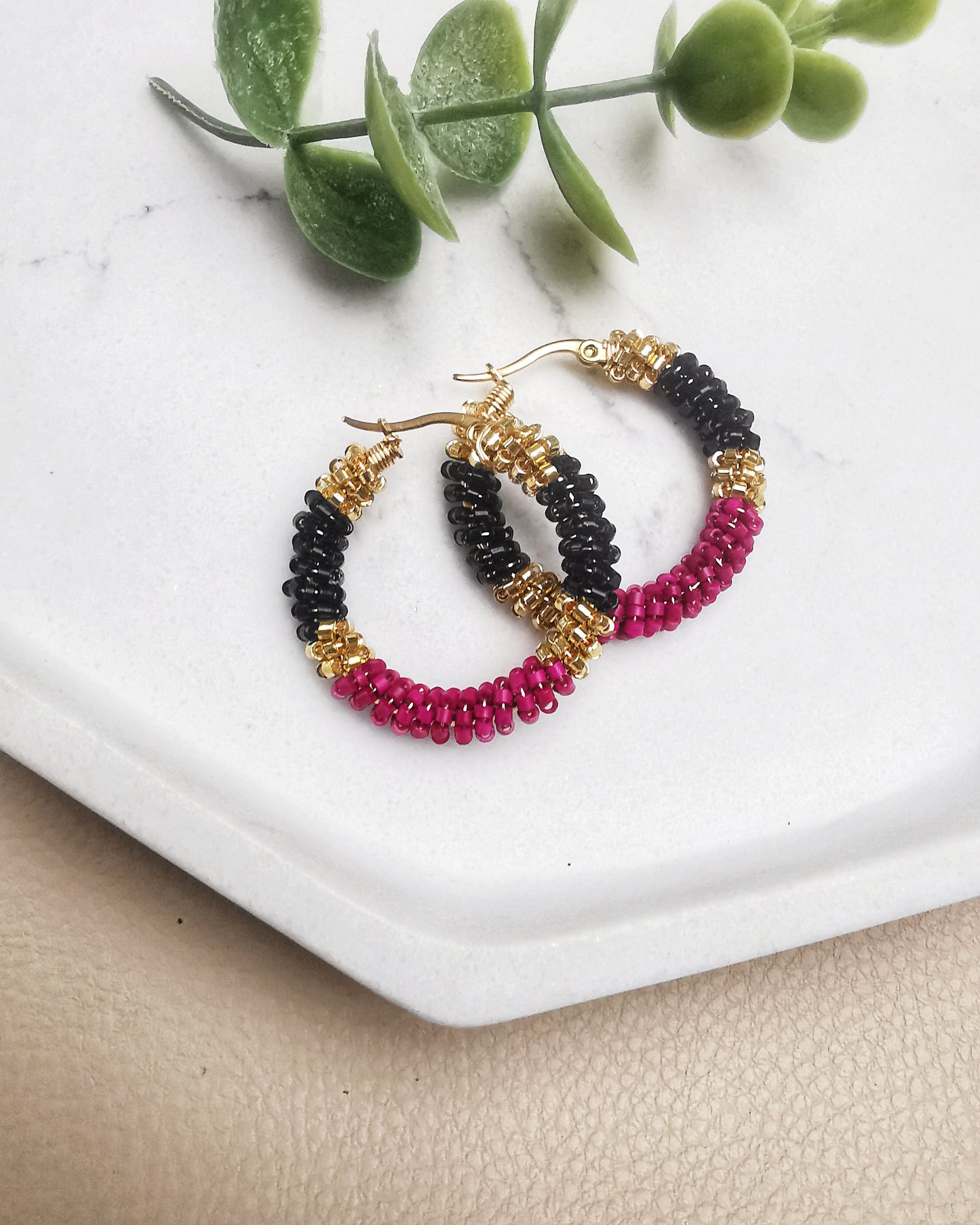 Hand-Wrapped Seed Bead Hoop Earrings Black and Red Wine