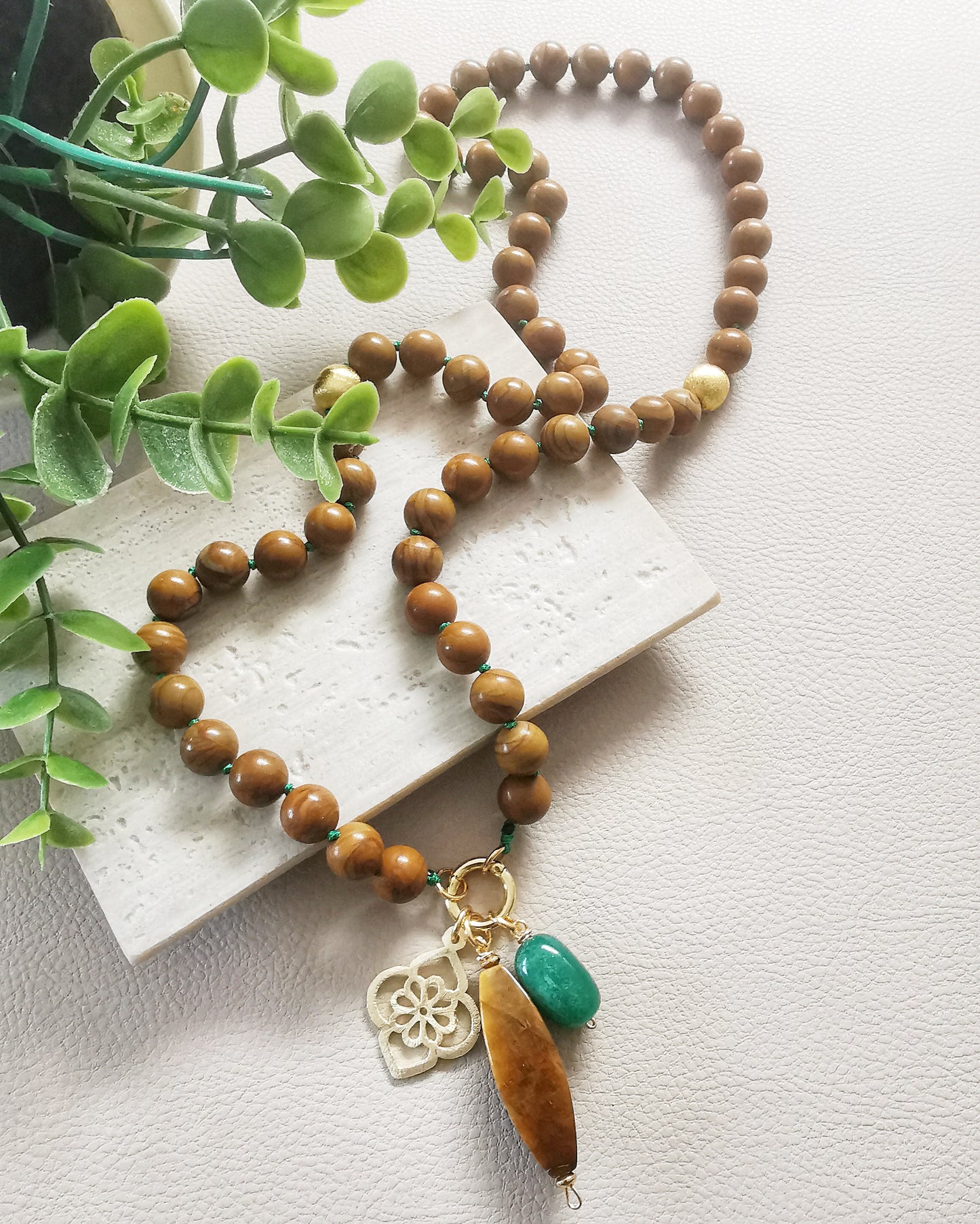 Brown Agate Long Necklace with Gemstone Charms