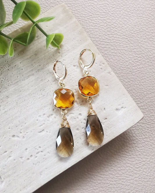 Citrine and Smoky Quartz Drop Earrings