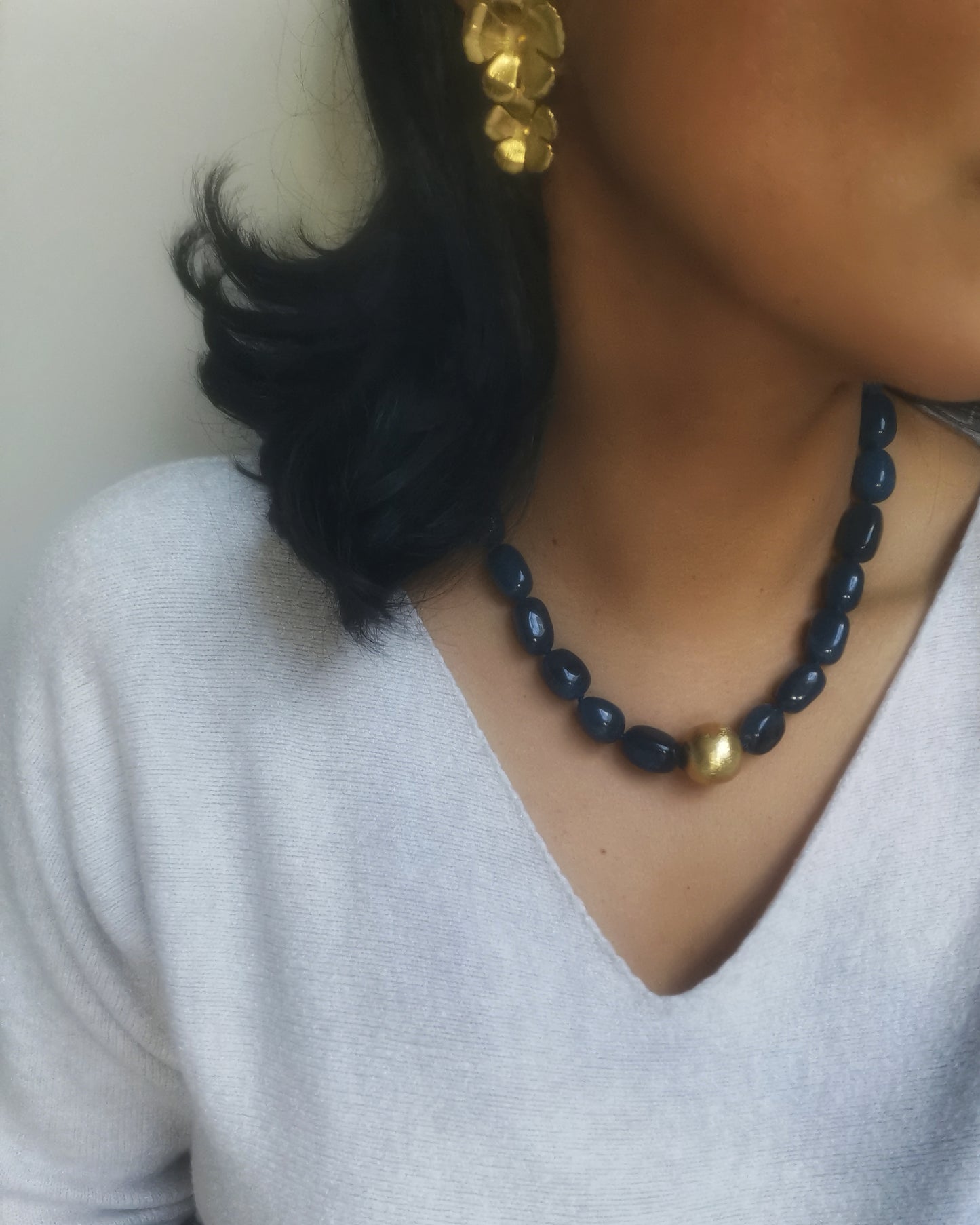 Navy Statement Chalcedony Necklace with a single gold brushed bead.