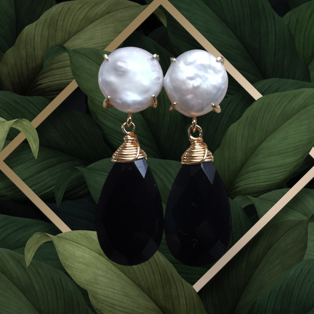 Pearl Stud Earrings with Hand-Wrapped Black Onyx Drop