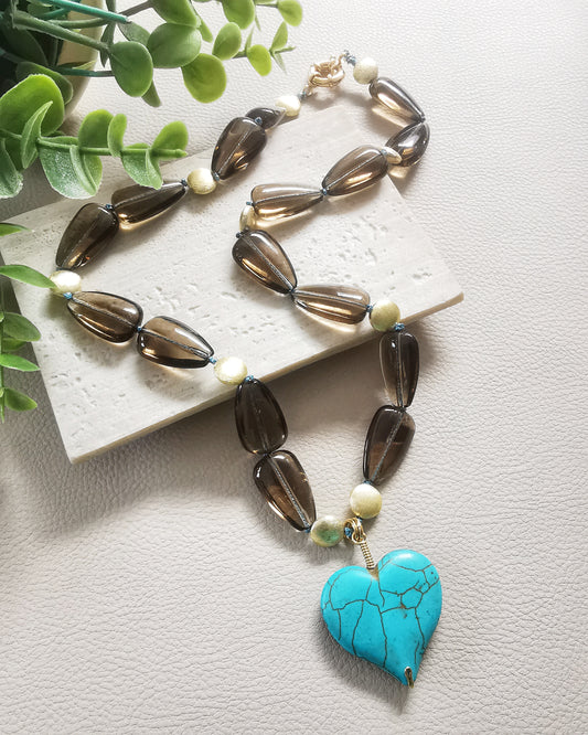 Smokey Crystal Statement Necklace with Howlite Turquoise heart Pendant