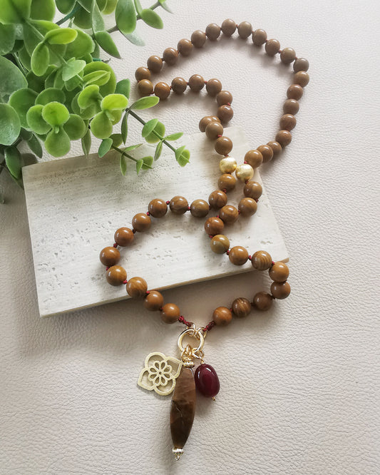 Brown Agate Long Necklace with Gemstone Charms