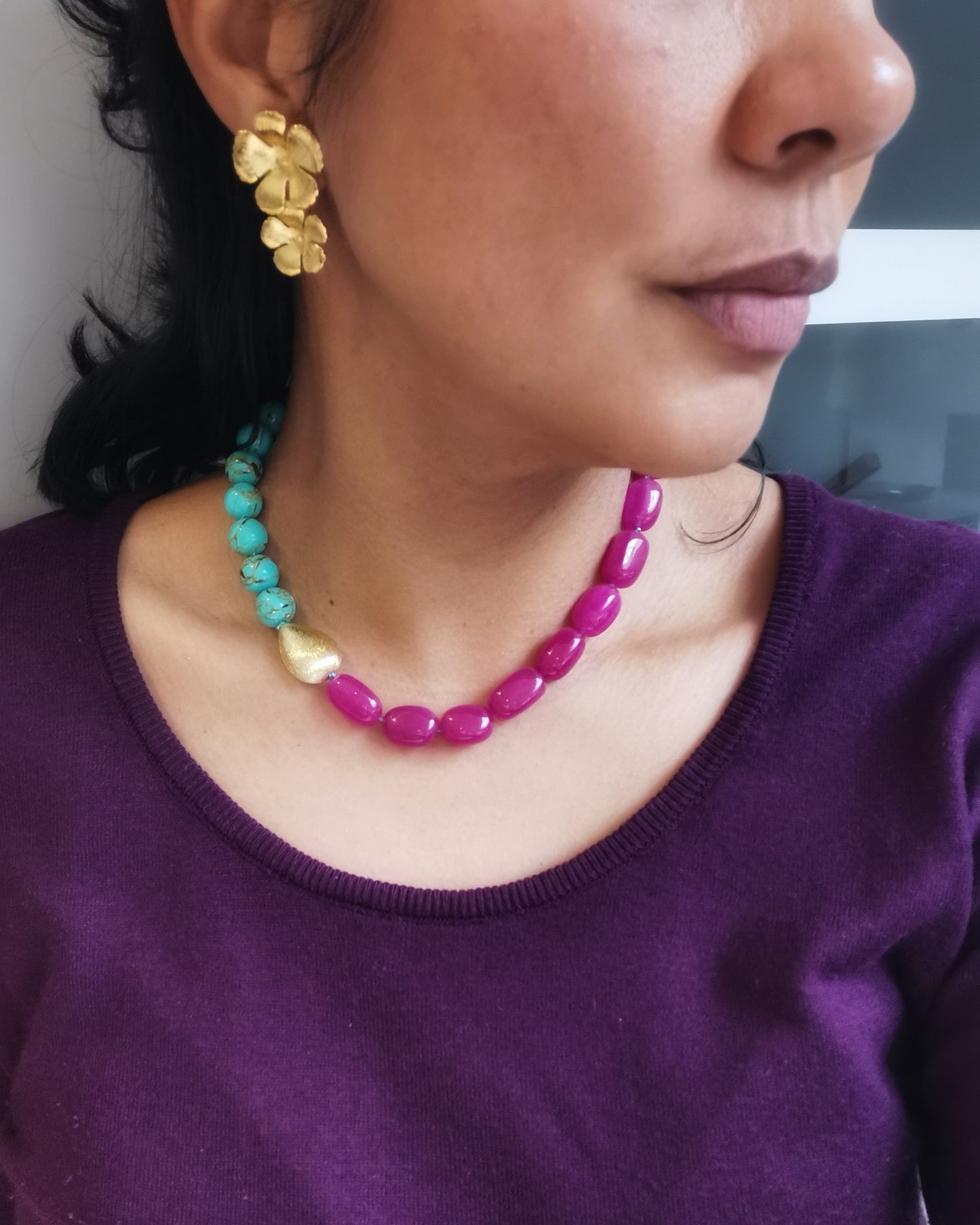 Mismatched Hot Pink and Turquoise Statement Necklace