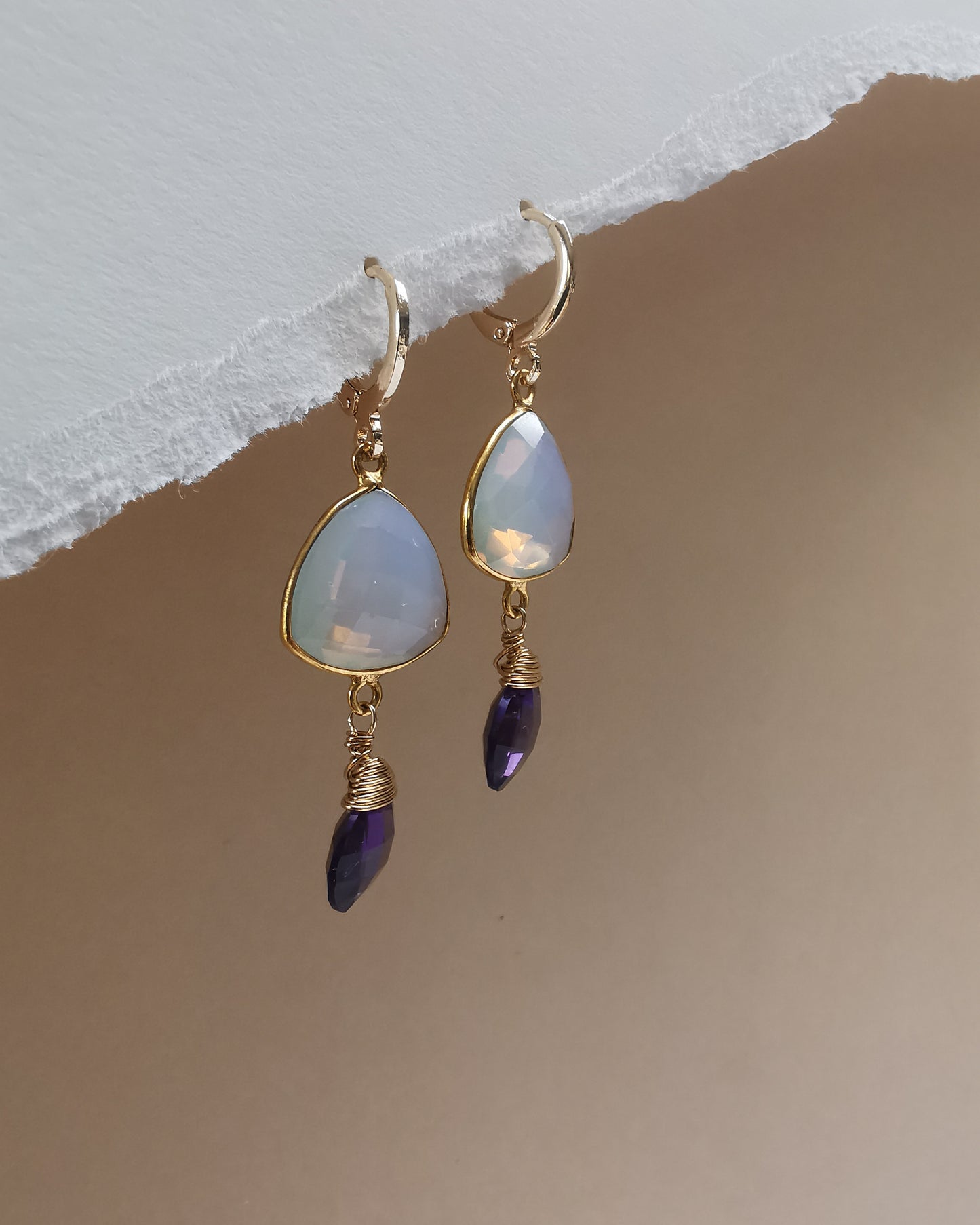 Opalite Trillion Earrings with Amethyst