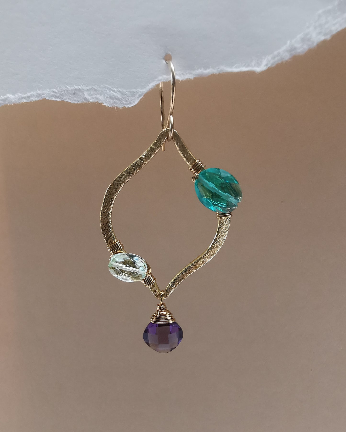 Marquise Brushed-Gold Earrings with Frame-Wrapped Gemstones & Amethyst Drop